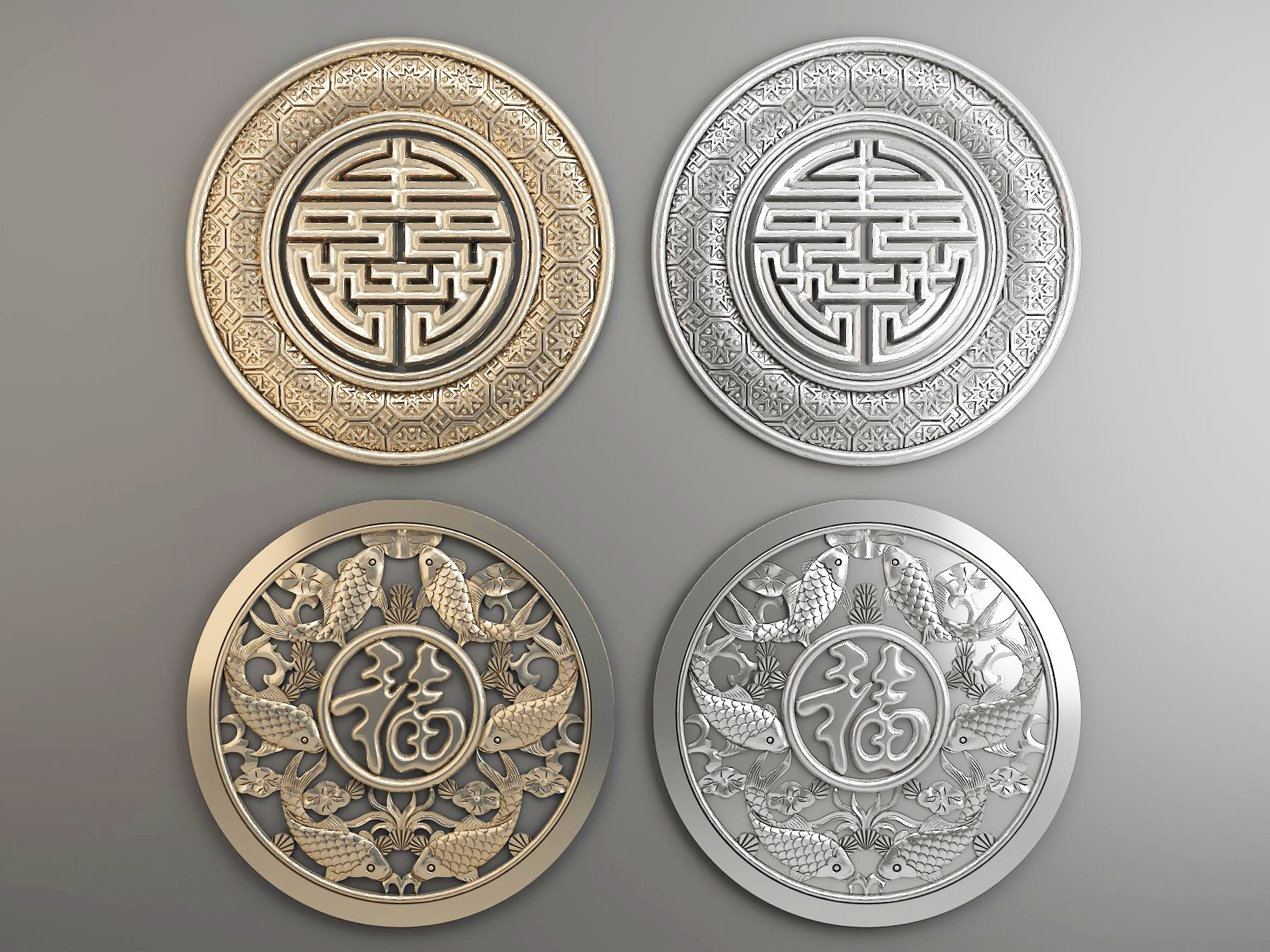中式圆形鲤鱼民族，福字，寿字纹图案雕花3d模型下载