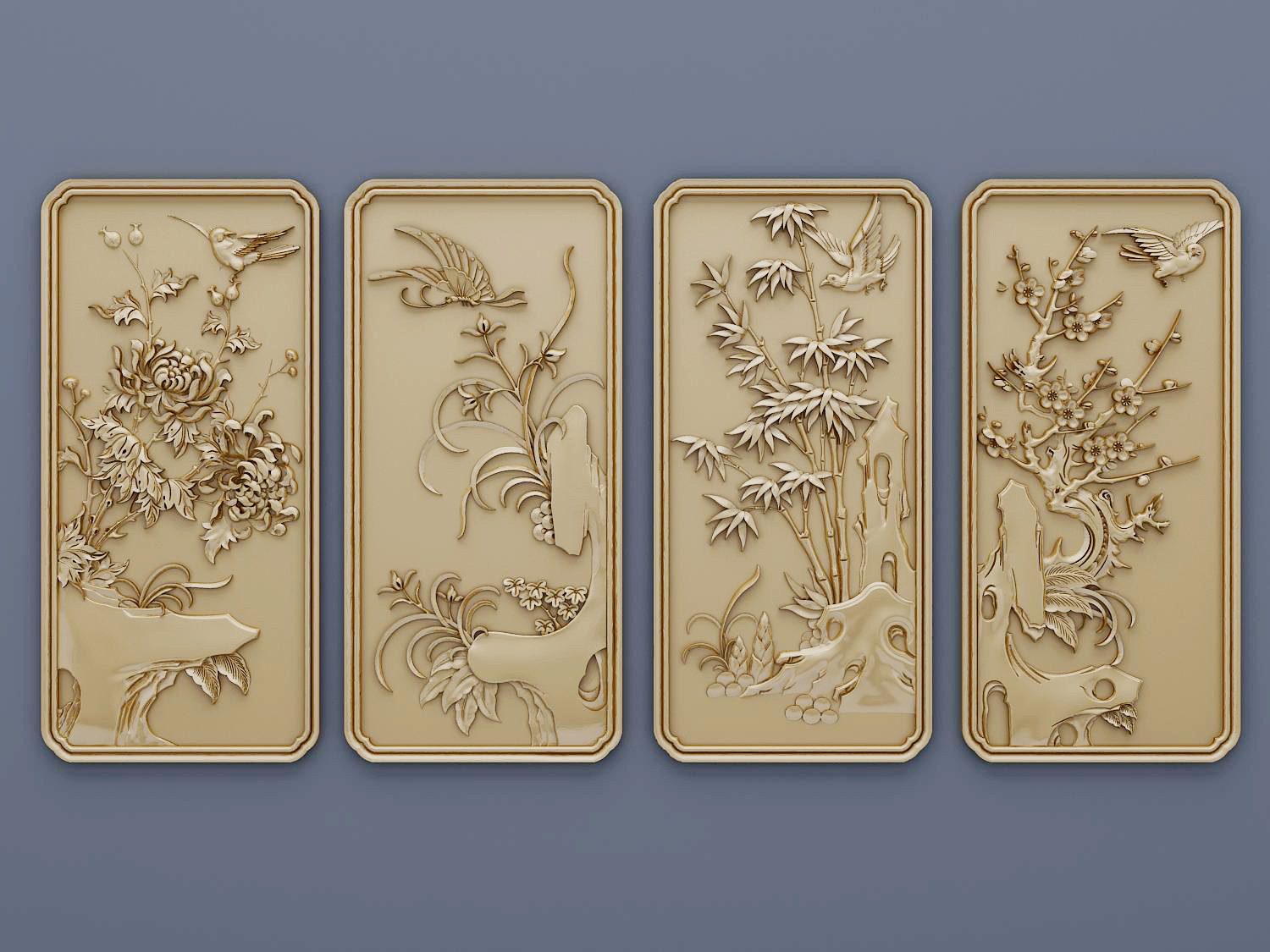 中式雕花，梅兰竹菊，花鸟植物图案，雕花3d模型下载