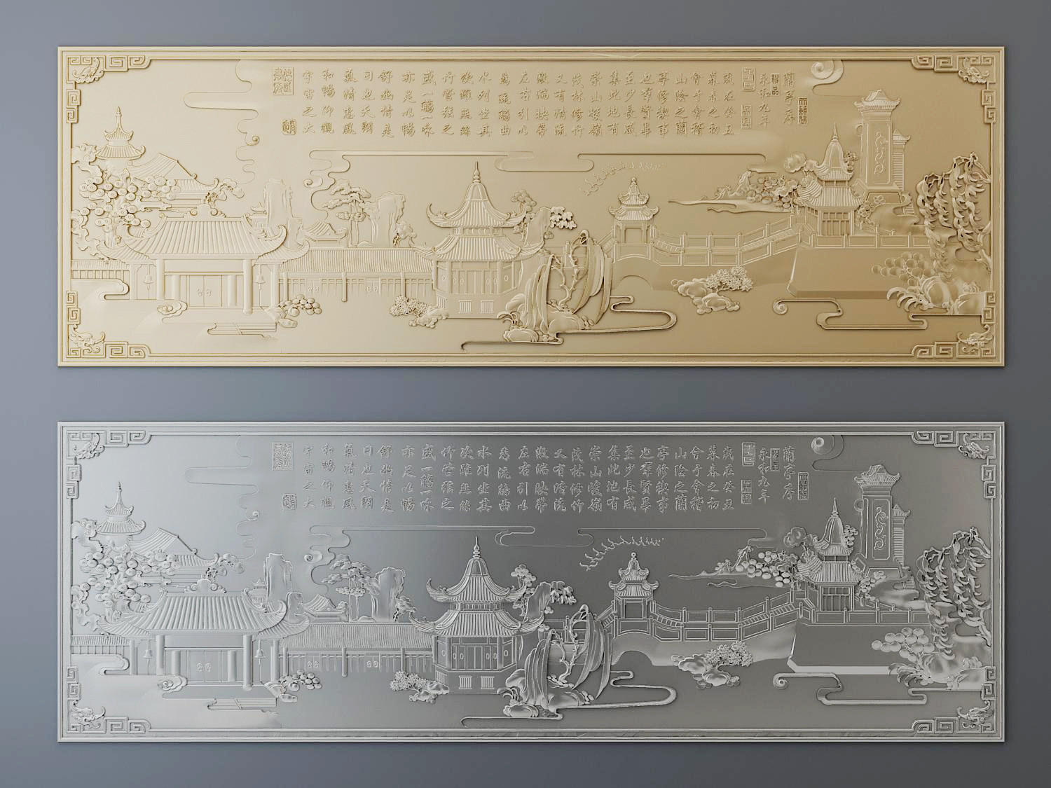 中式雕花，亭台楼阁图案，雕花3d模型下载