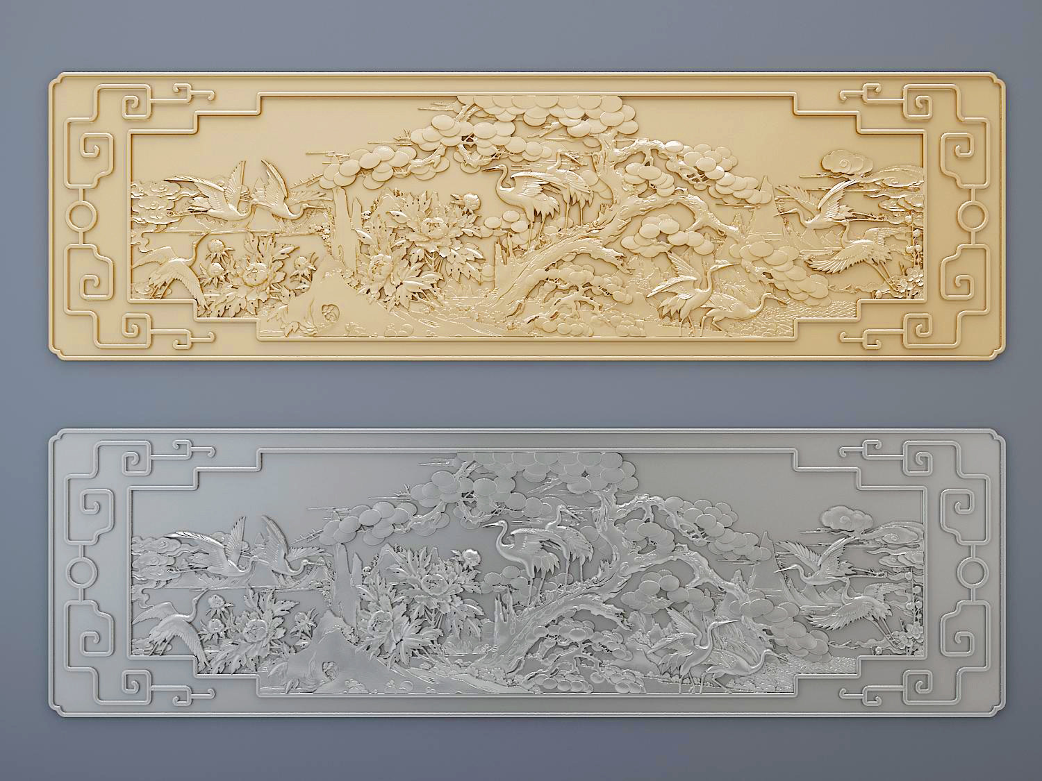 中式浮雕，仙鹤松树图案，雕花3d模型下载