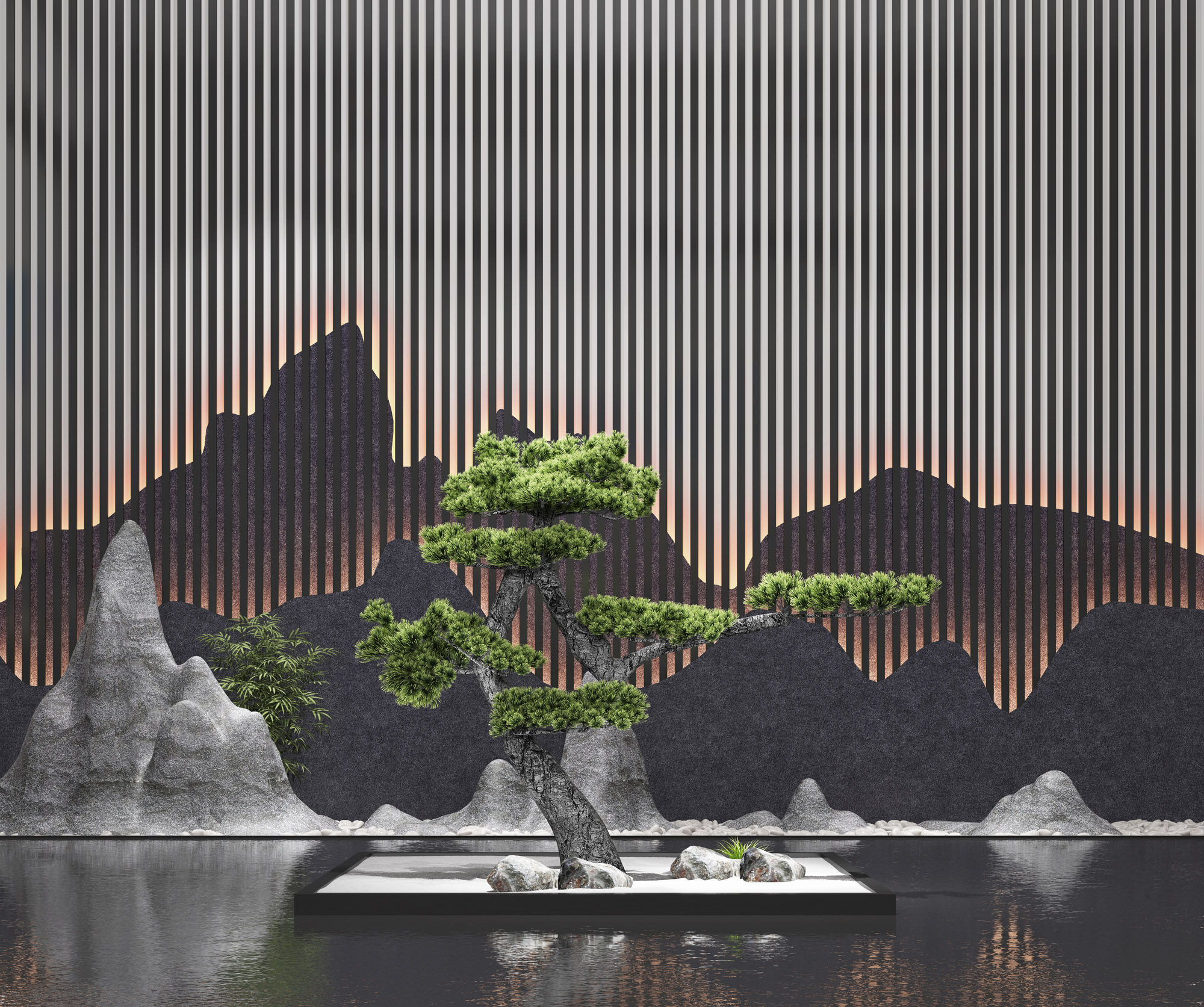 新中式迎客松，石头山脉造型格栅，景观背景墙松树水景3d模型下载
