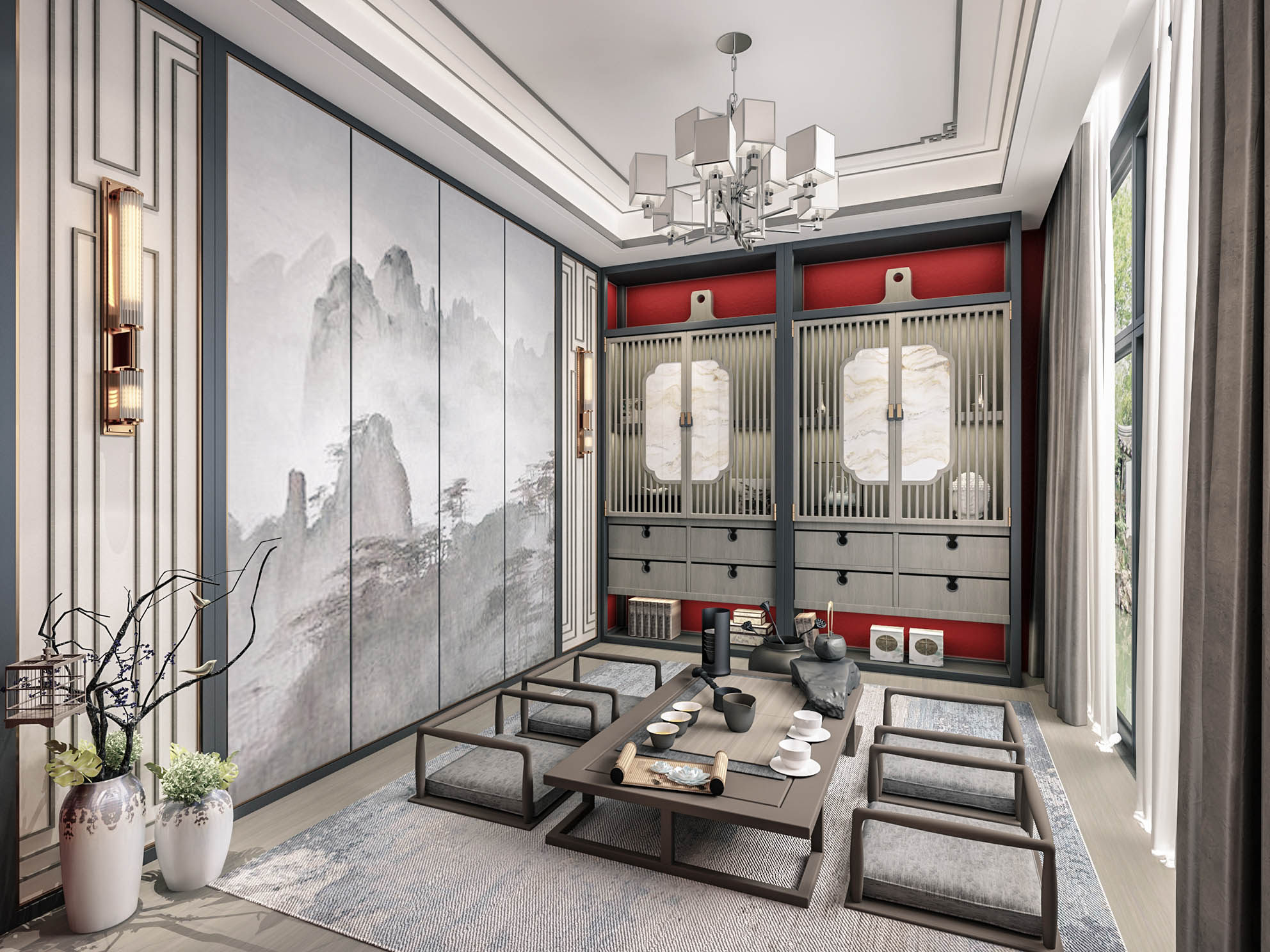 新中式茶室，茶桌椅炕桌，茶具书柜花瓶3d模型下载