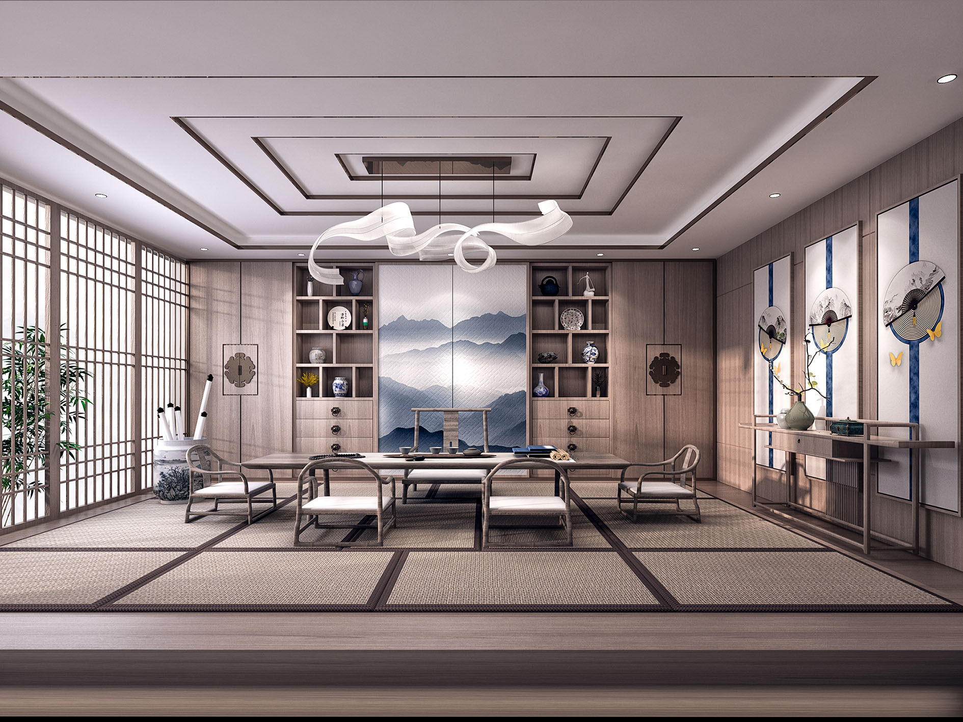 新中式日式榻榻米书房茶室3d模型下载