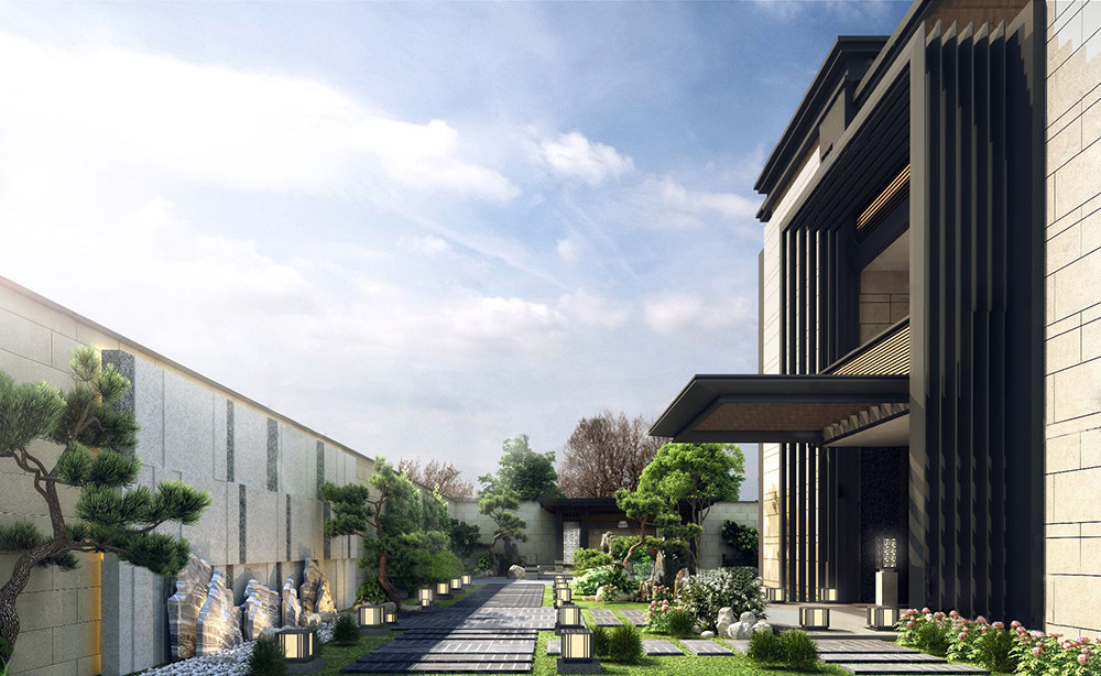 新中式别墅庭院景观花园，松树植物3d模型下载
