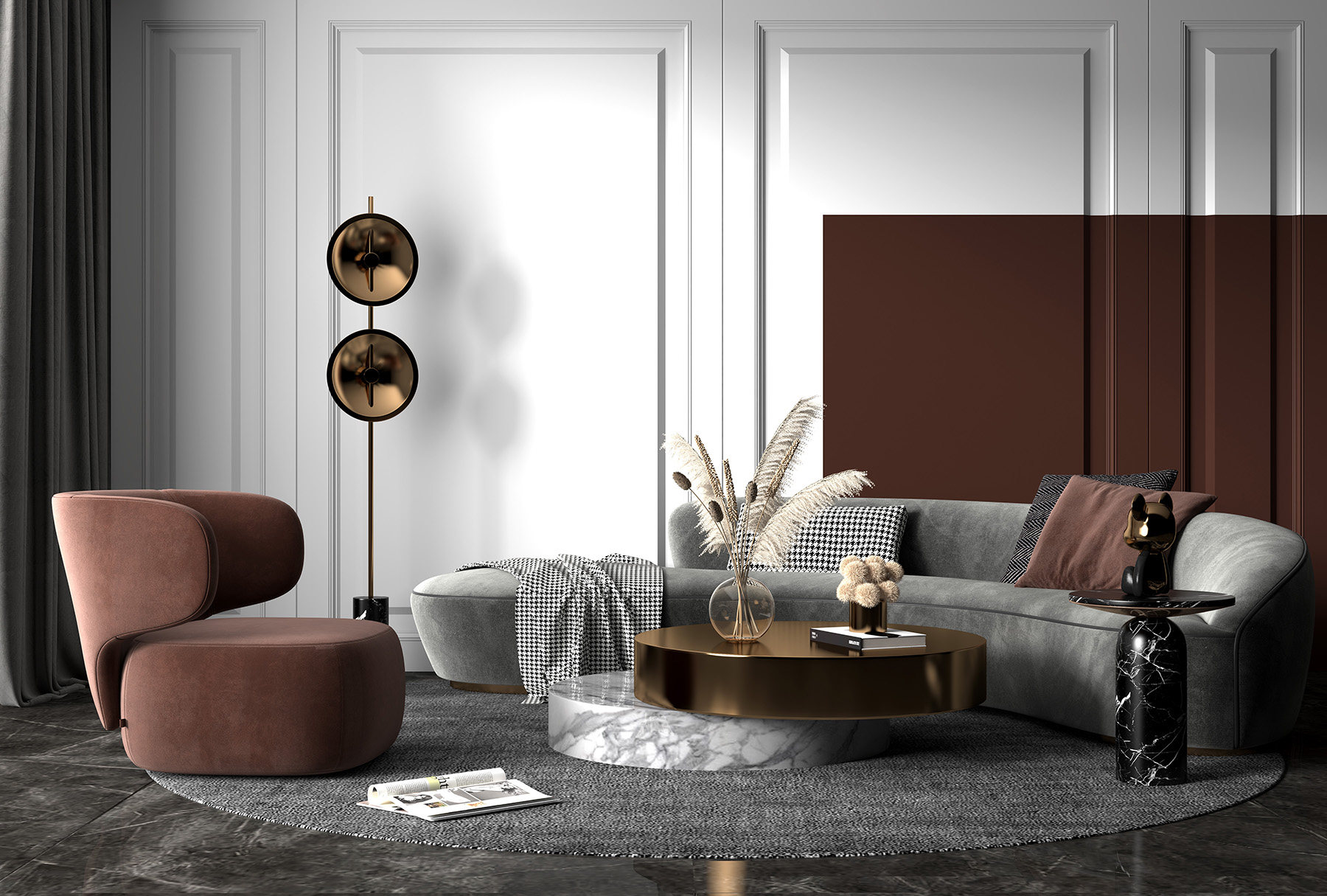 现代轻奢沙，弧形异形，发茶，单人沙发，茶几，花瓶组合3d模型下载