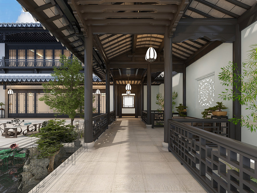 新中式古建庭院3d模型下载
