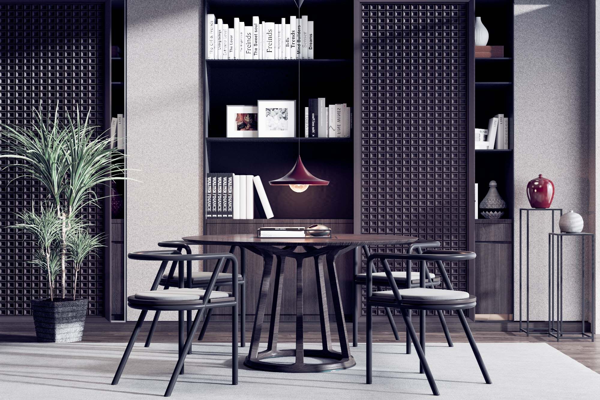 新中式圆形实木餐桌椅，摆台，书柜组合3d模型下载