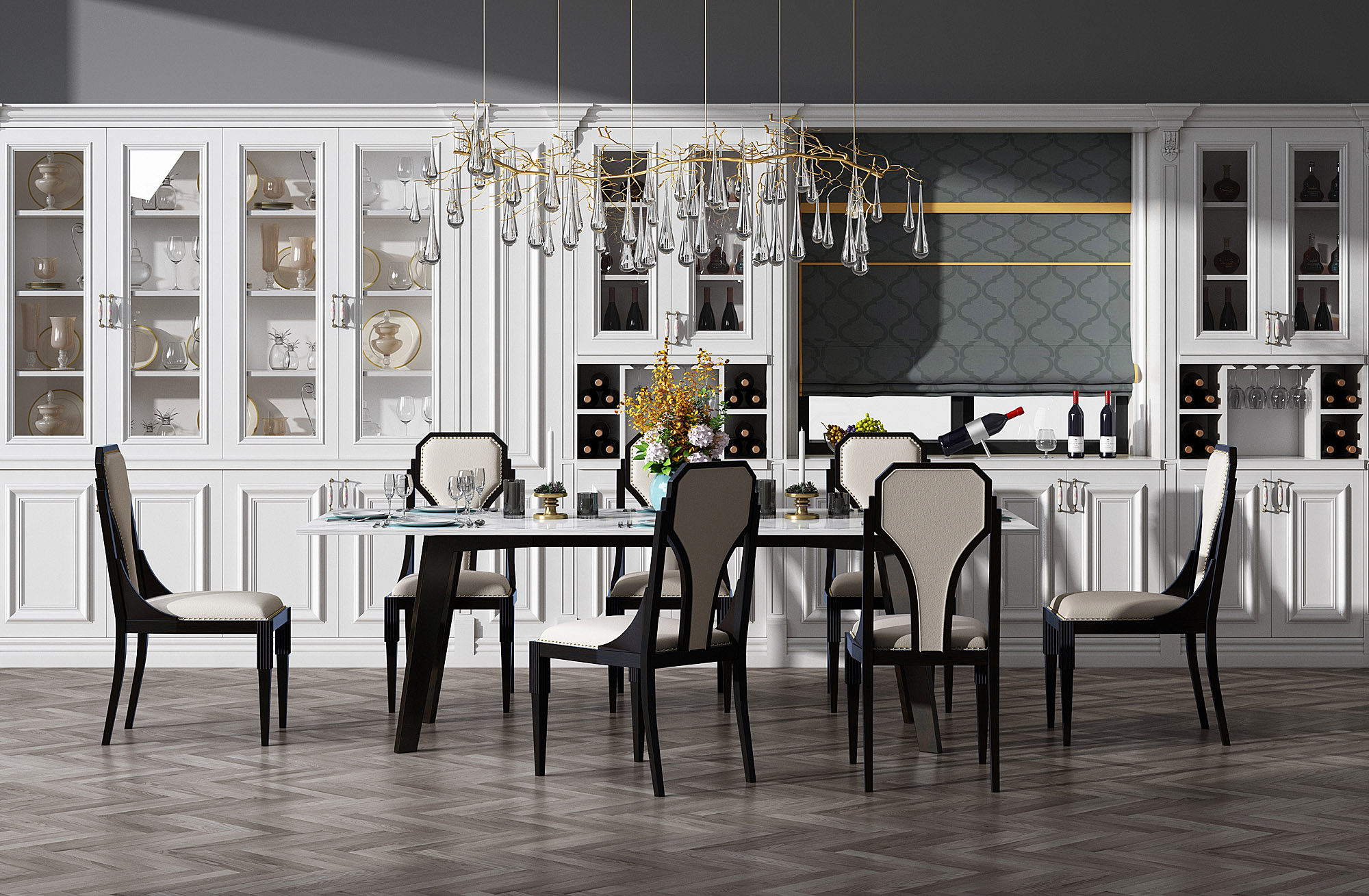 欧式新古典餐桌椅，水滴吊灯，树枝吊灯，酒柜组合3d模型下载