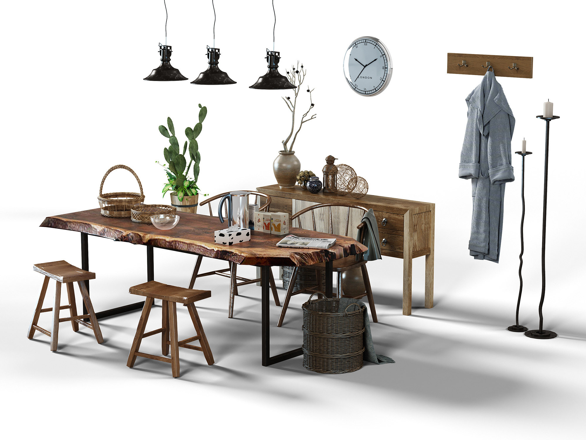 餐桌椅组合，吊灯木板凳浴袍3d模型下载