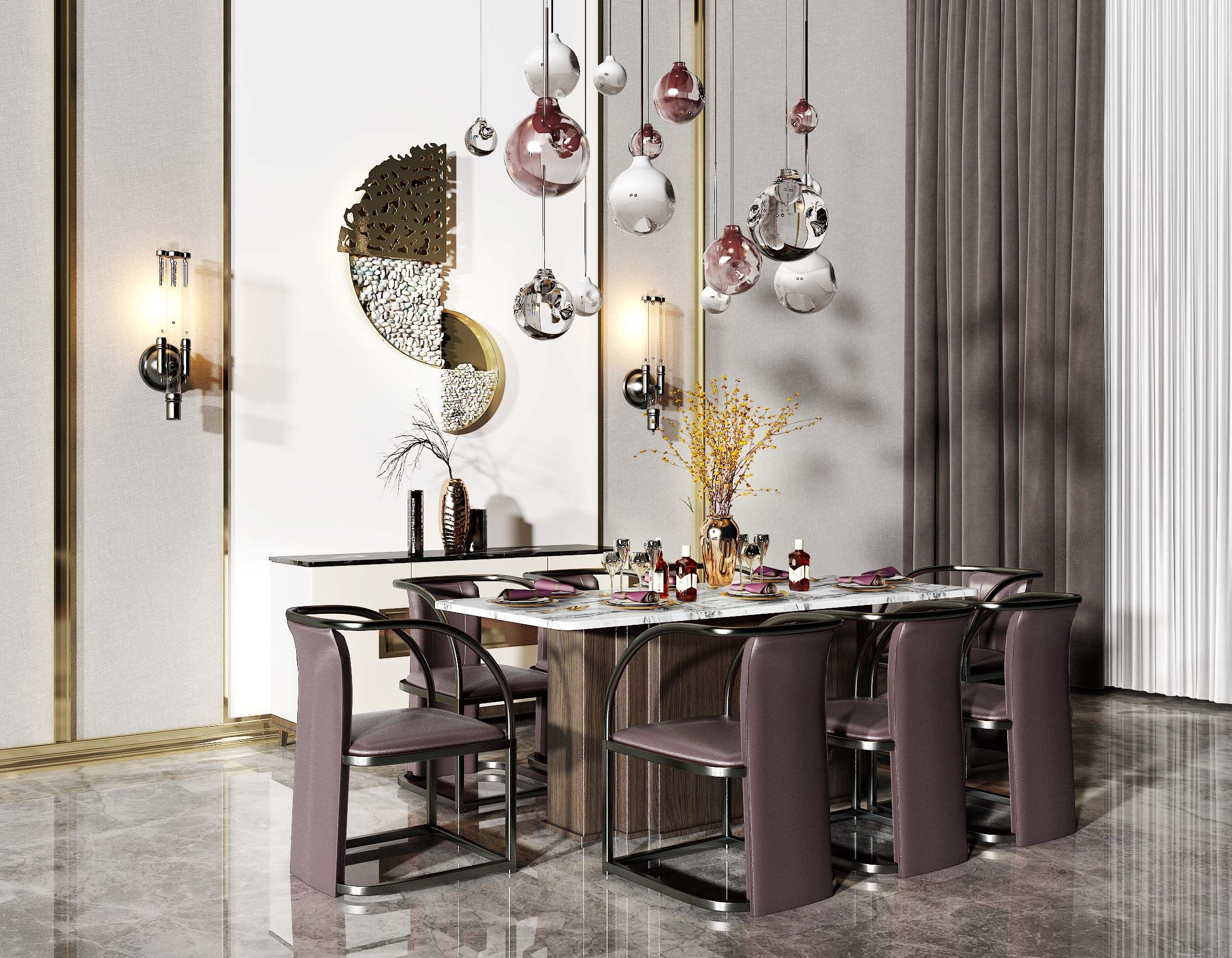 新中式现代轻奢餐桌椅子，餐具，吊灯，壁灯3d模型下载