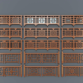 中式木栏杆,扶手,雕花，护栏3d模型下载
