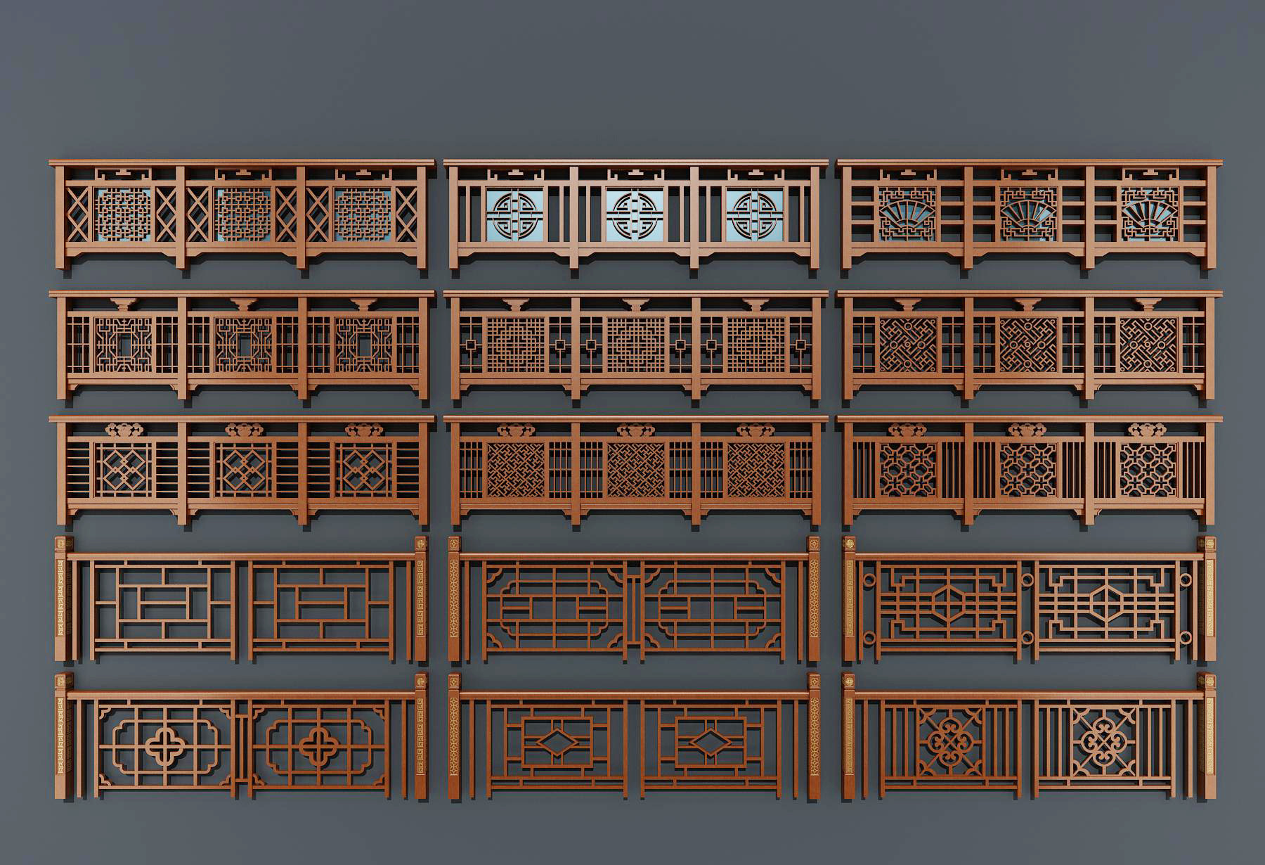 中式木栏杆,扶手,雕花，护栏3d模型下载
