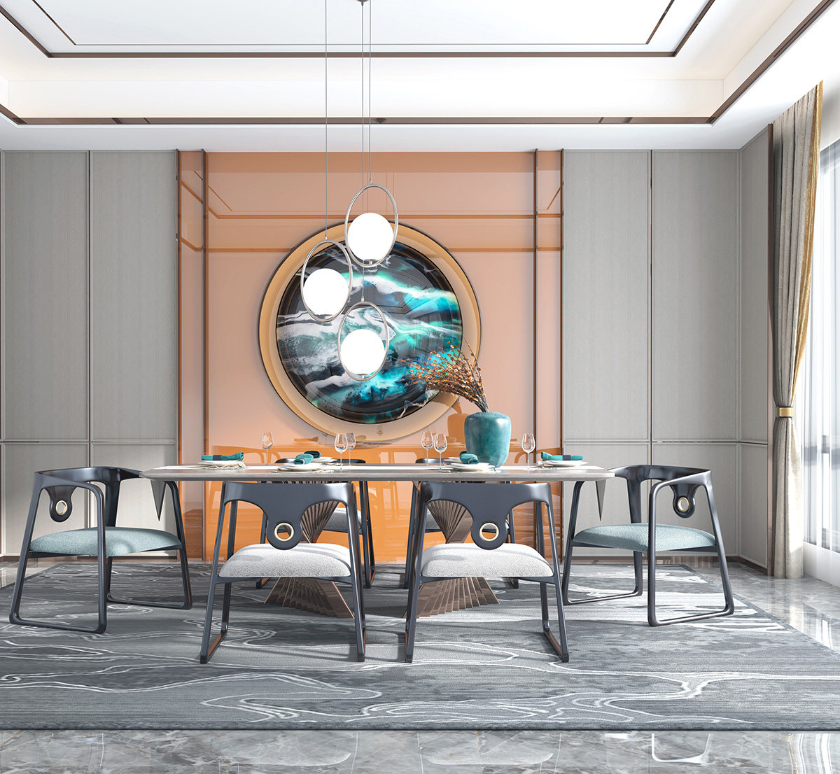 新中式餐桌椅，餐厅，椅子，背景墙3d模型下载
