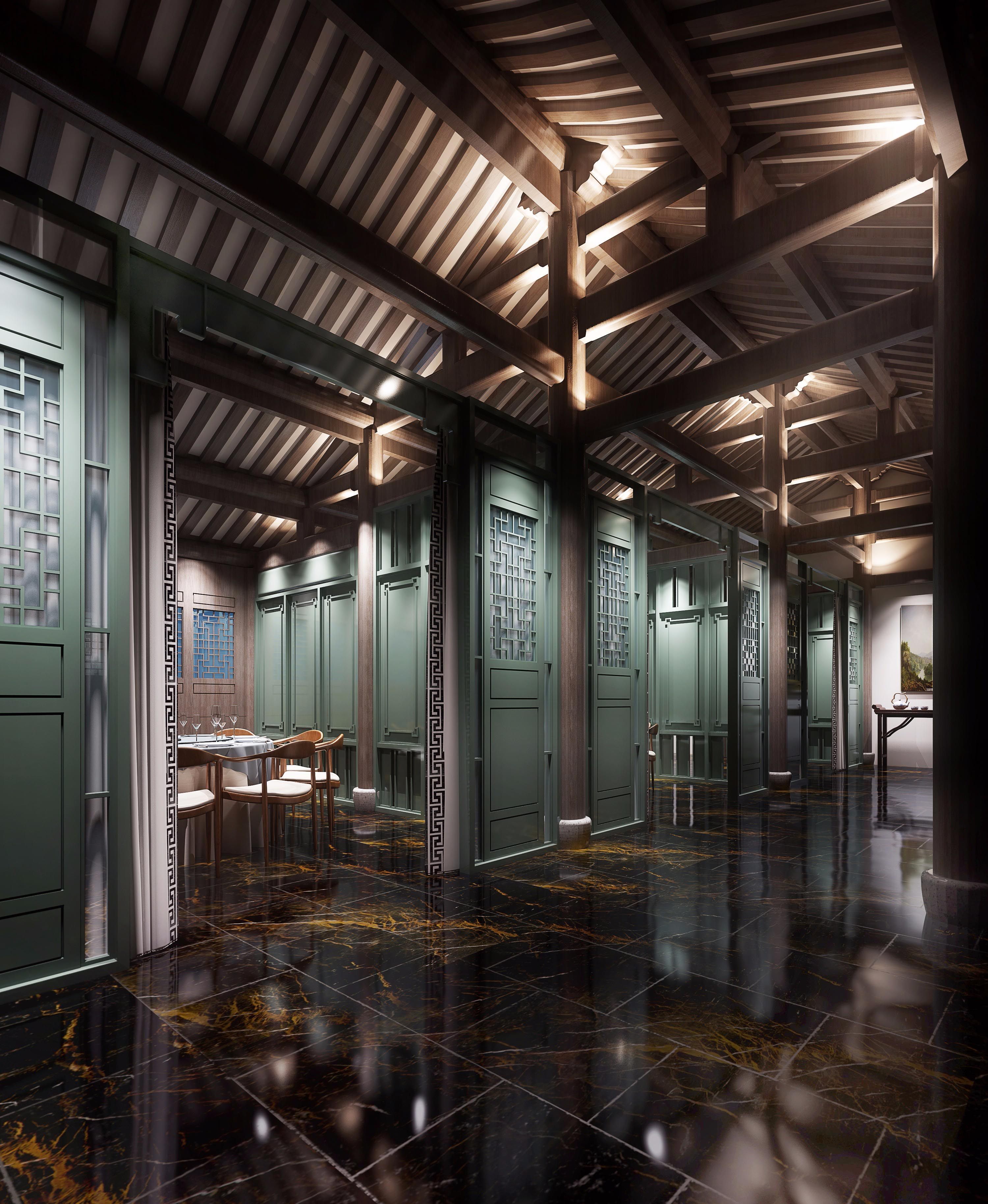 新中式餐厅包间走廊3d模型下载