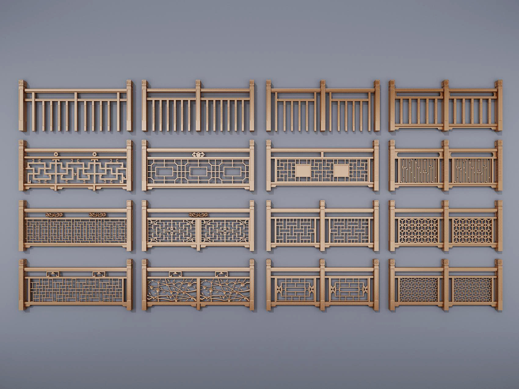 中式实木雕花栏杆，围栏，护栏，扶手，3d模型下载