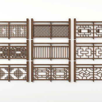 中式实木雕花栏杆，围栏，护栏，扶手，3d模型下载