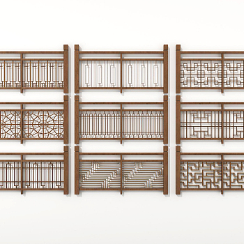 中式实木雕花栏杆，围栏，护栏，扶手，3d模型下载