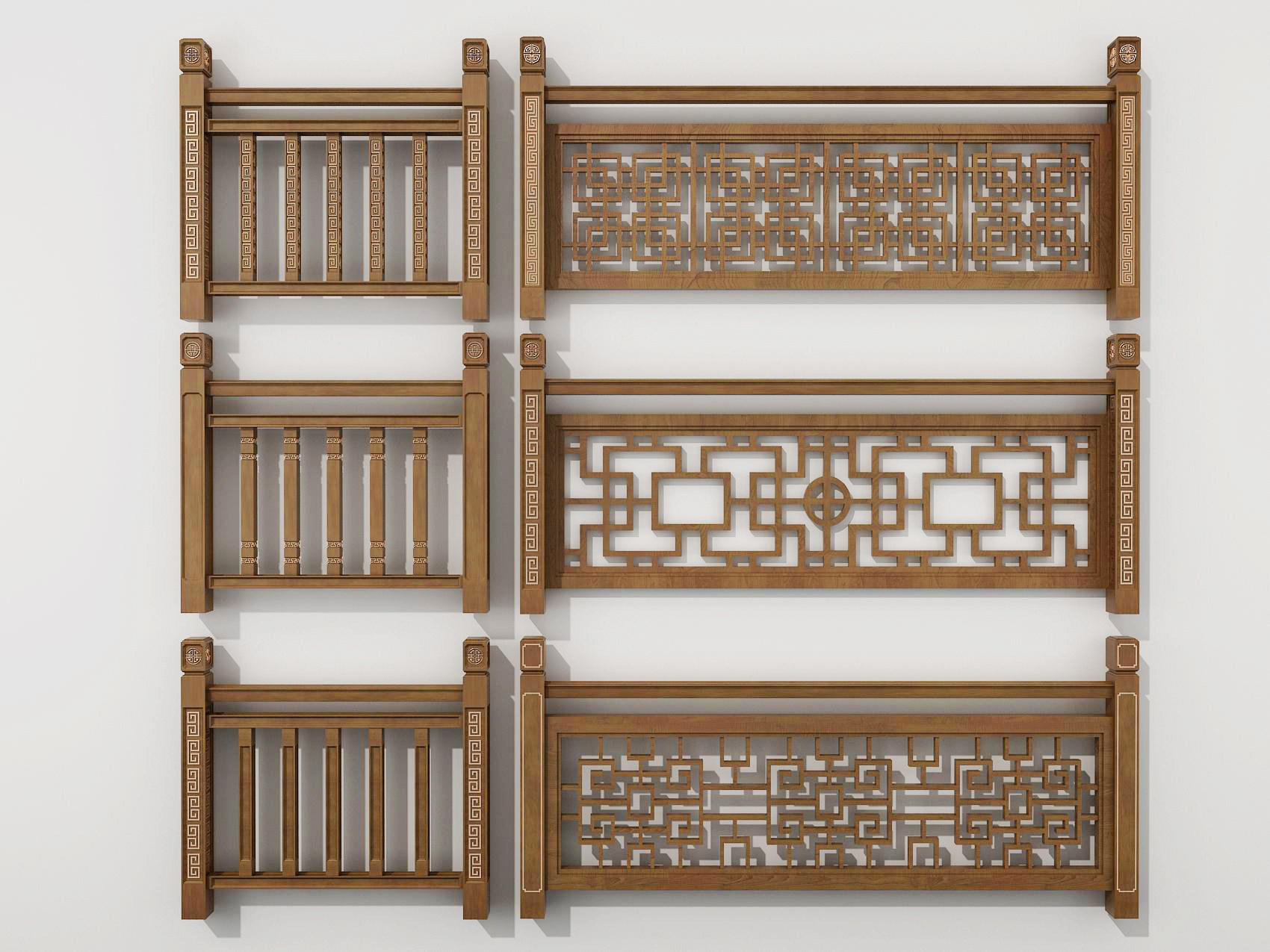 中式实木雕花栏杆，围栏，护栏，扶手，3d模型下载