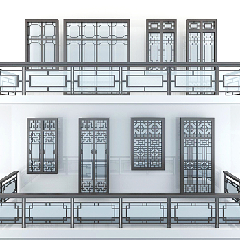 新中式栏杆,玻璃扶手,窗户，护栏，花格，花窗，屏风隔断3d模型下载