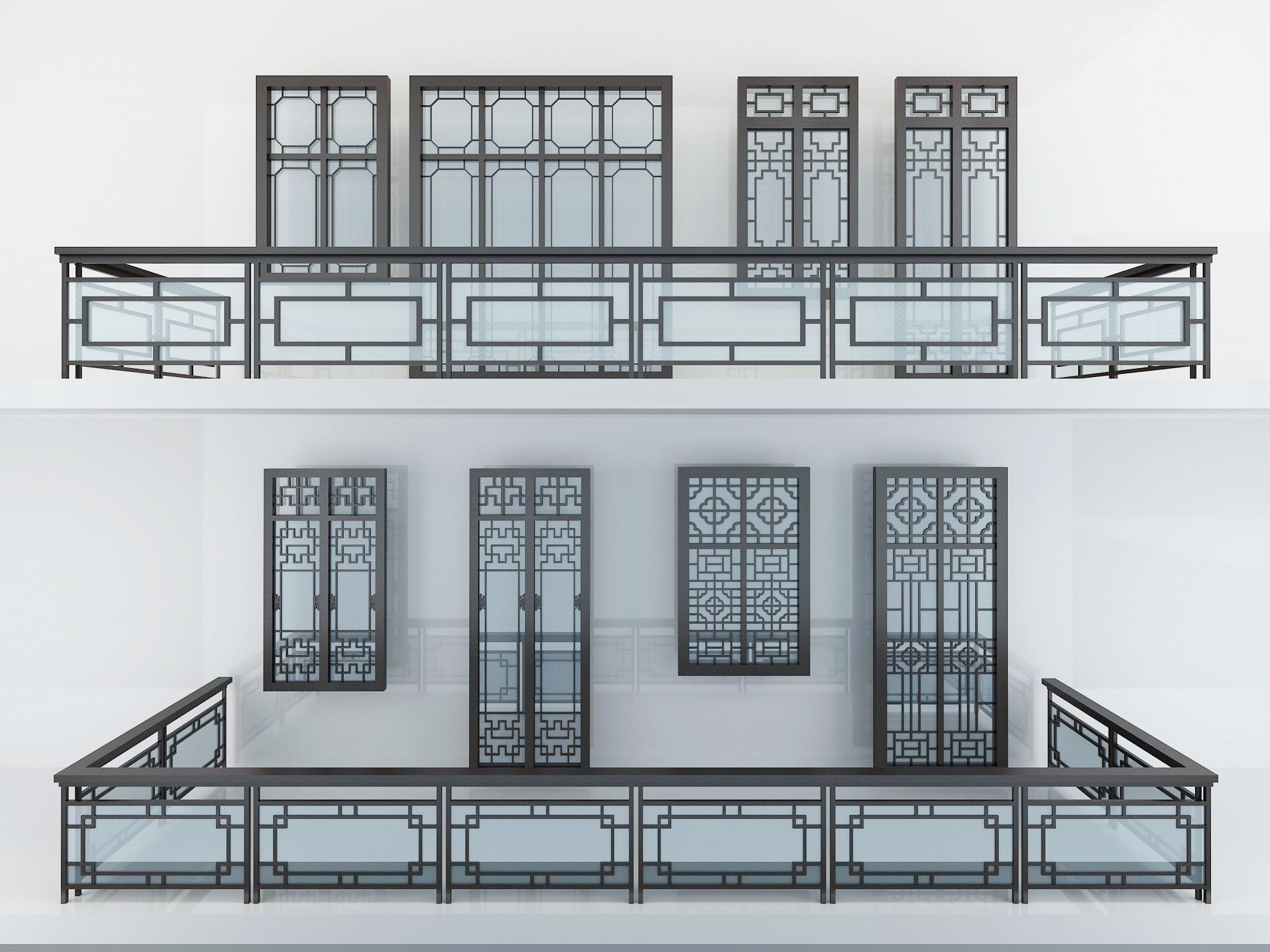 新中式栏杆,玻璃扶手,窗户，护栏，花格，花窗，屏风隔断3d模型下载