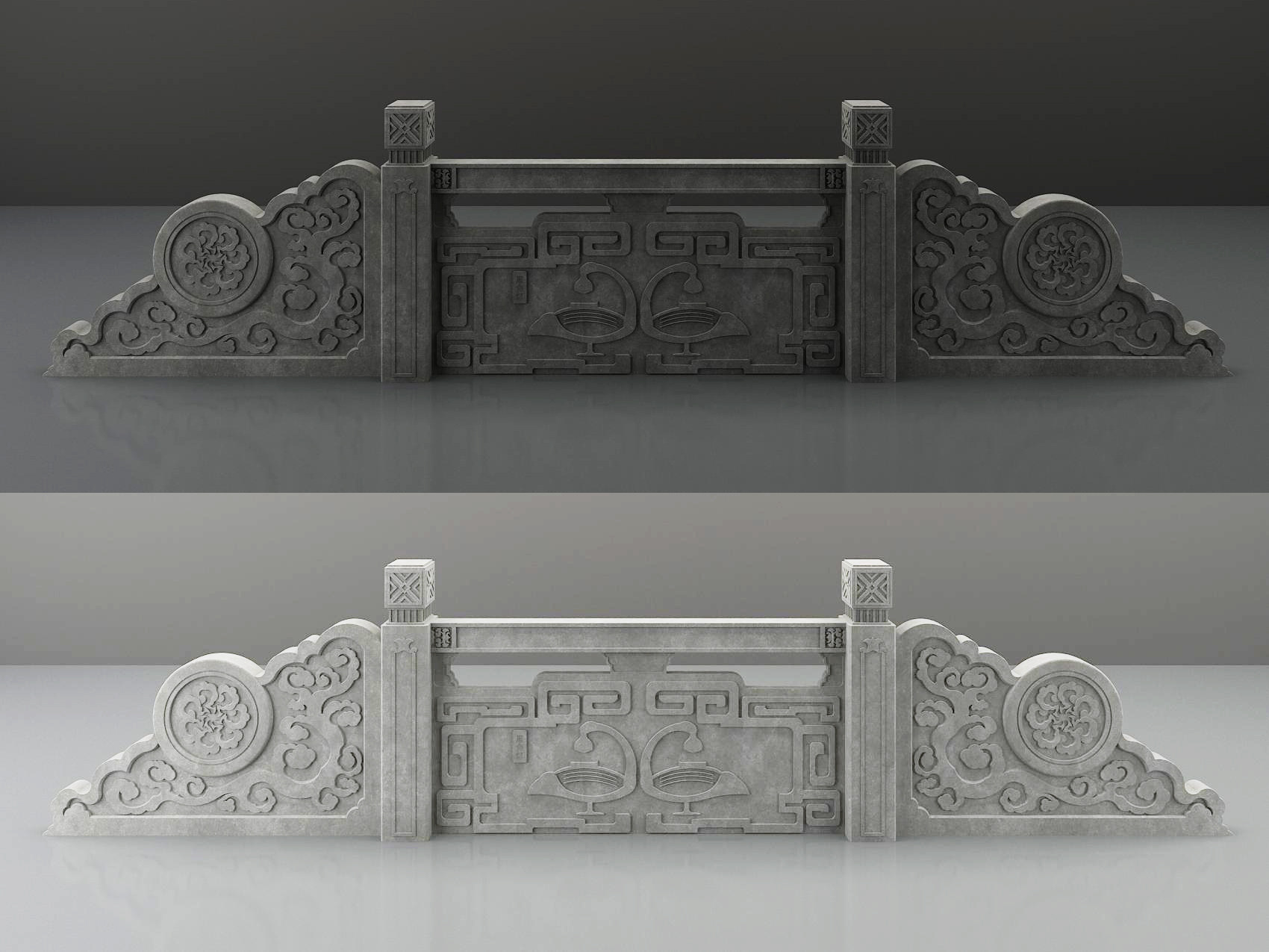 中式栏杆,仙鹤云纹雕花，浮雕，石雕，栏杆扶手，护栏3d模型下载
