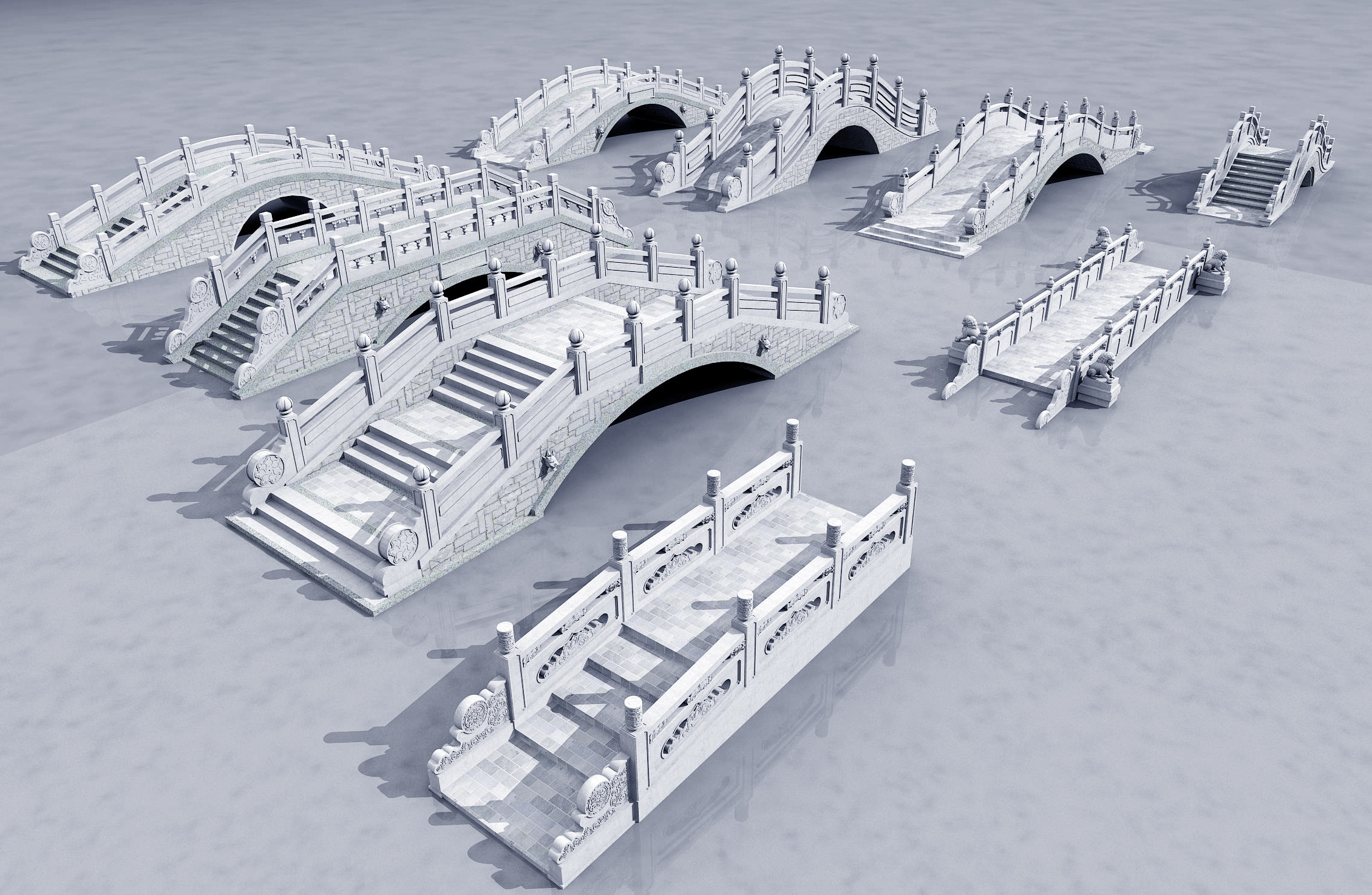 中式雕花石拱桥3d模型下载