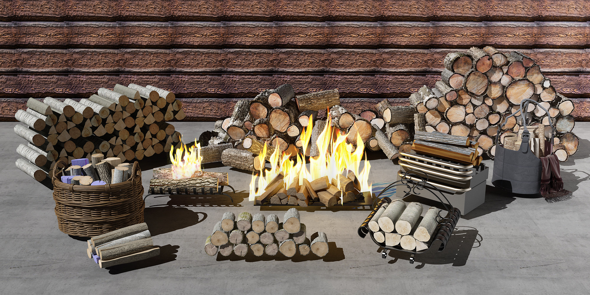 现代篝火，木头劈柴，柴火，柴火堆，，火堆3d模型下载