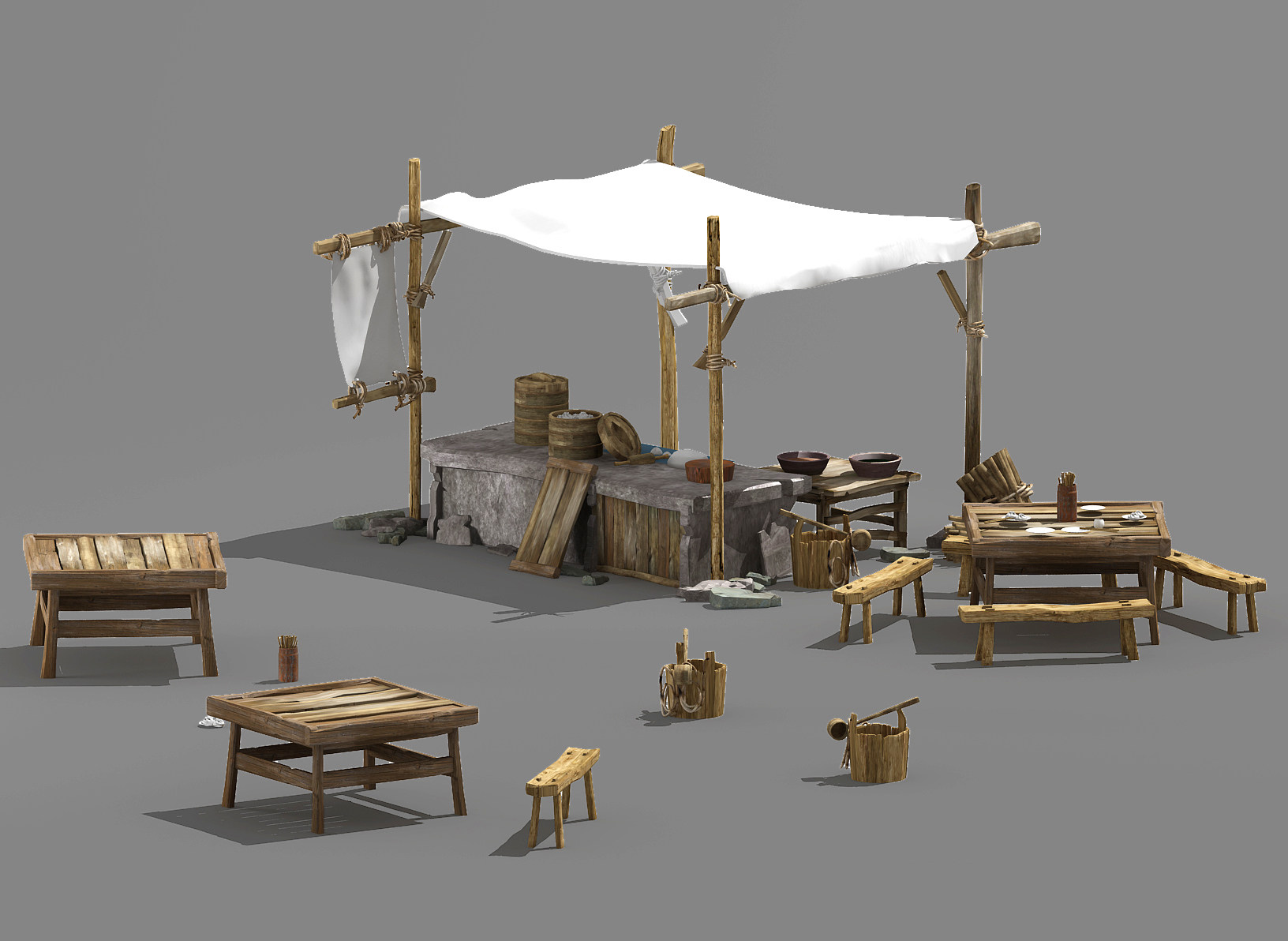 中式古代外摆摊位，，帐篷遮阳伞木头劈柴，柴火，柴火堆，3d模型下载