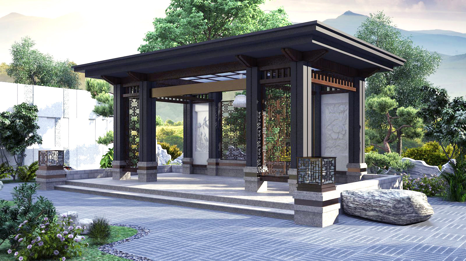 中式凉亭，庭院绿植，景观，石头树，绿植，遮阳棚3d模型下载