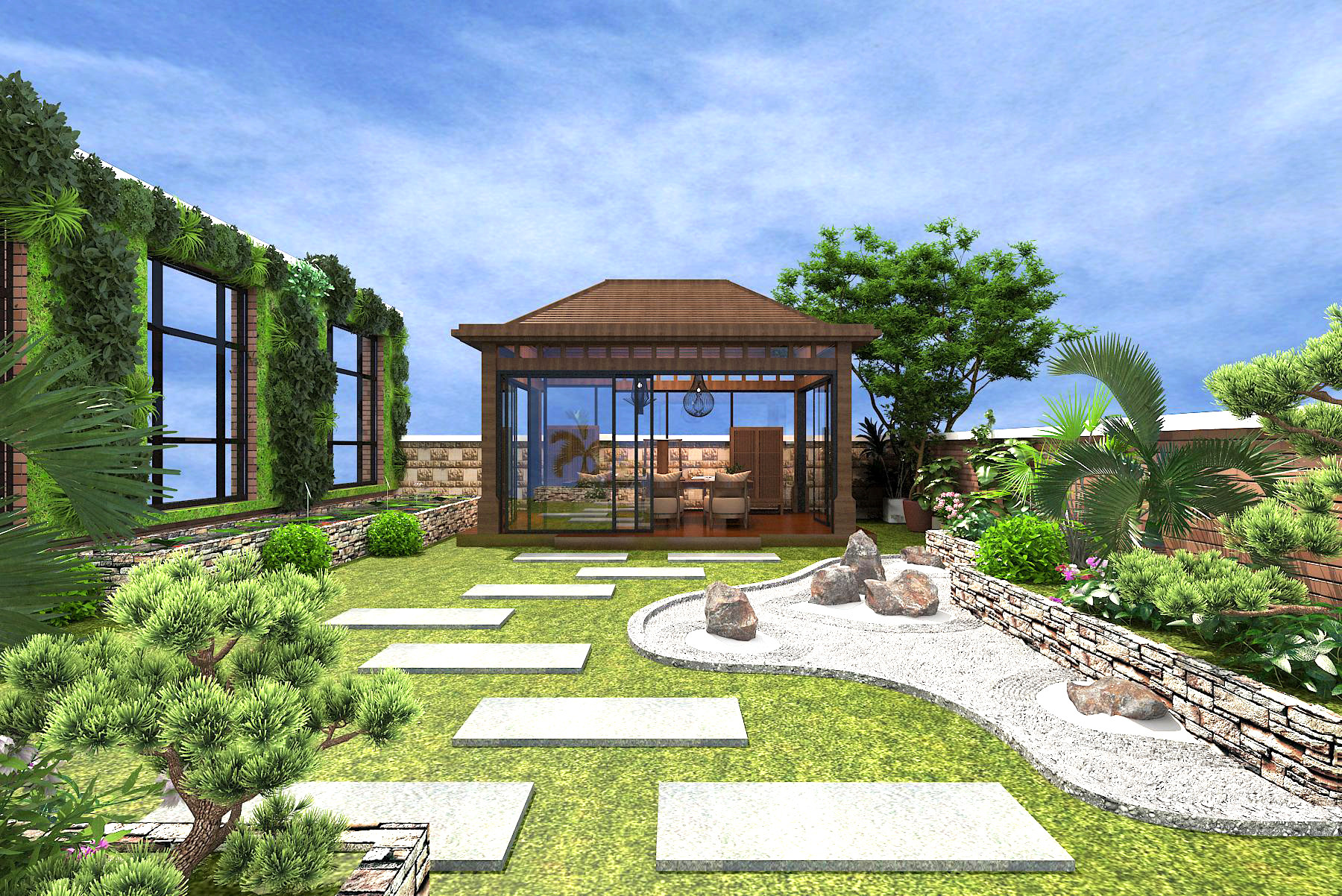 08中式凉亭,庭院,植物,假山,围墙,桌椅3d模型下载