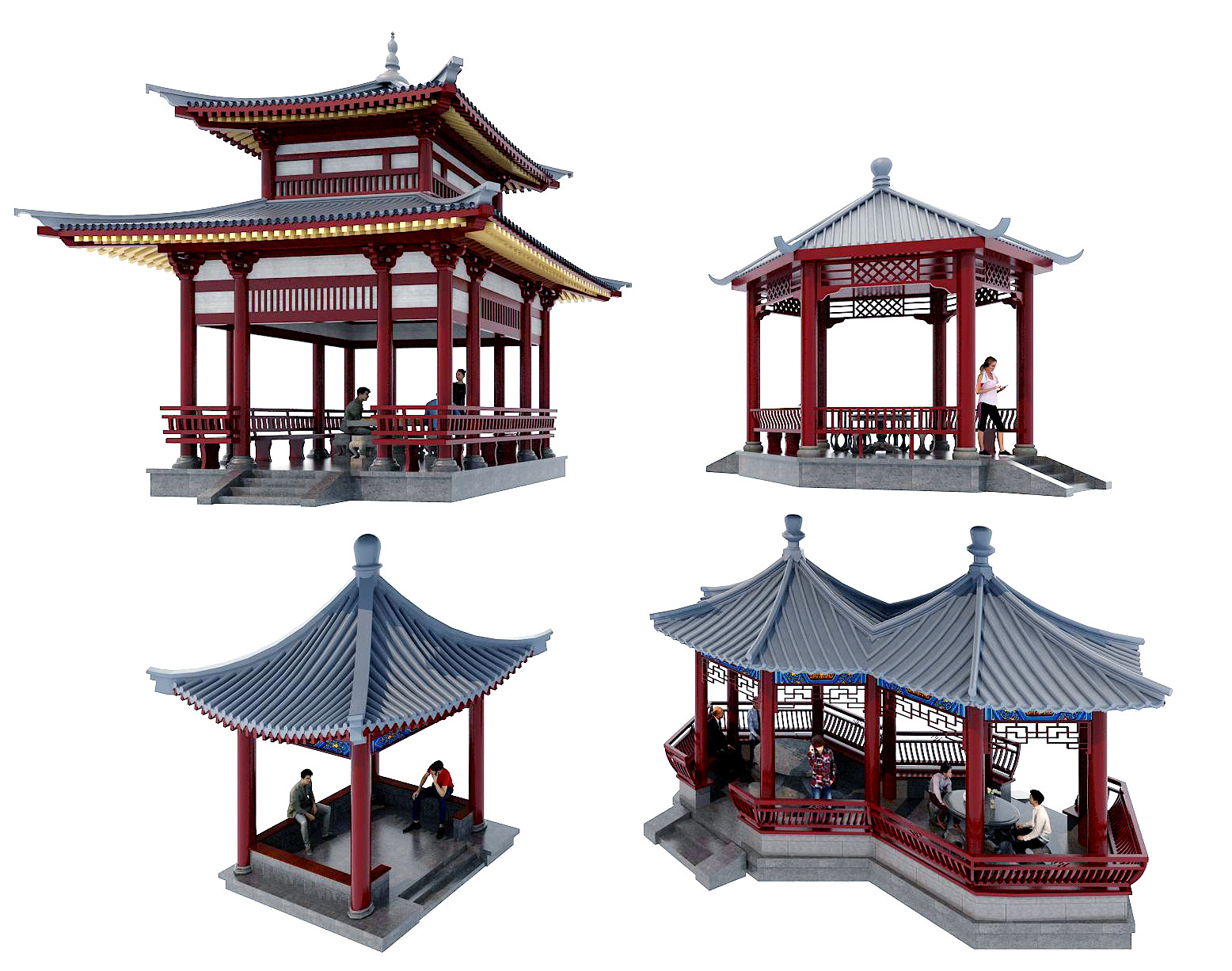 09中式古建凉亭,休闲人物,石桌凳，石桌椅水榭斗拱3d模型下载