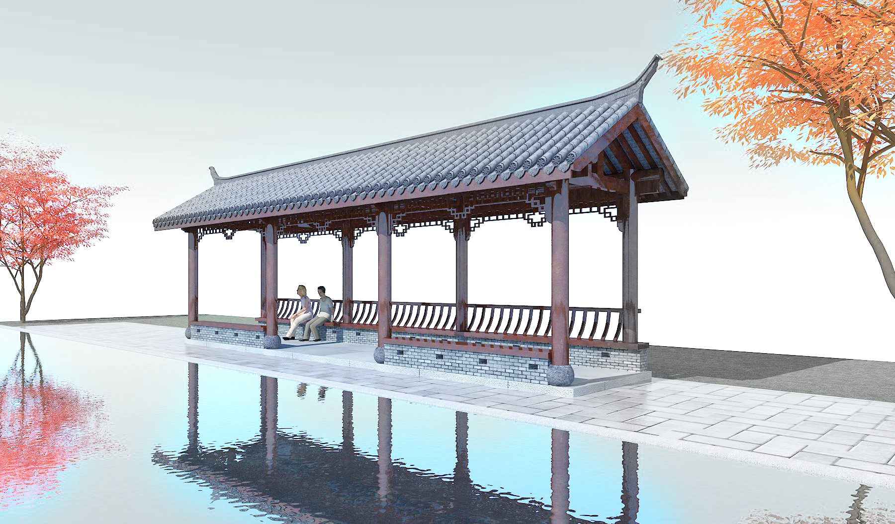 15中式古建亭子,凉亭，连廊，廊架，树树,人物3d模型下载