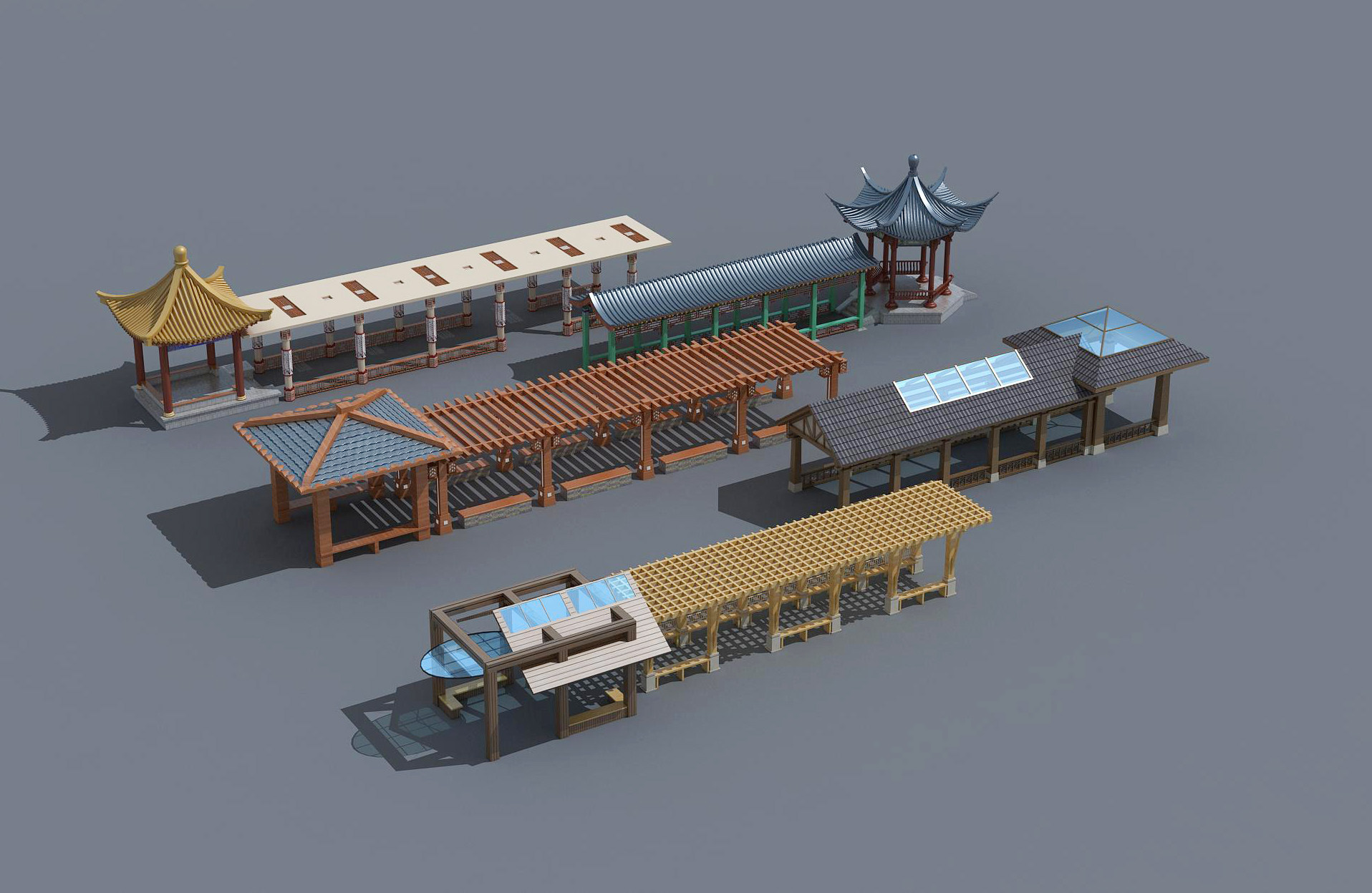 中式古建景观长廊,实木凉亭,座椅,围栏，廊架，遮阳棚3d模型下载
