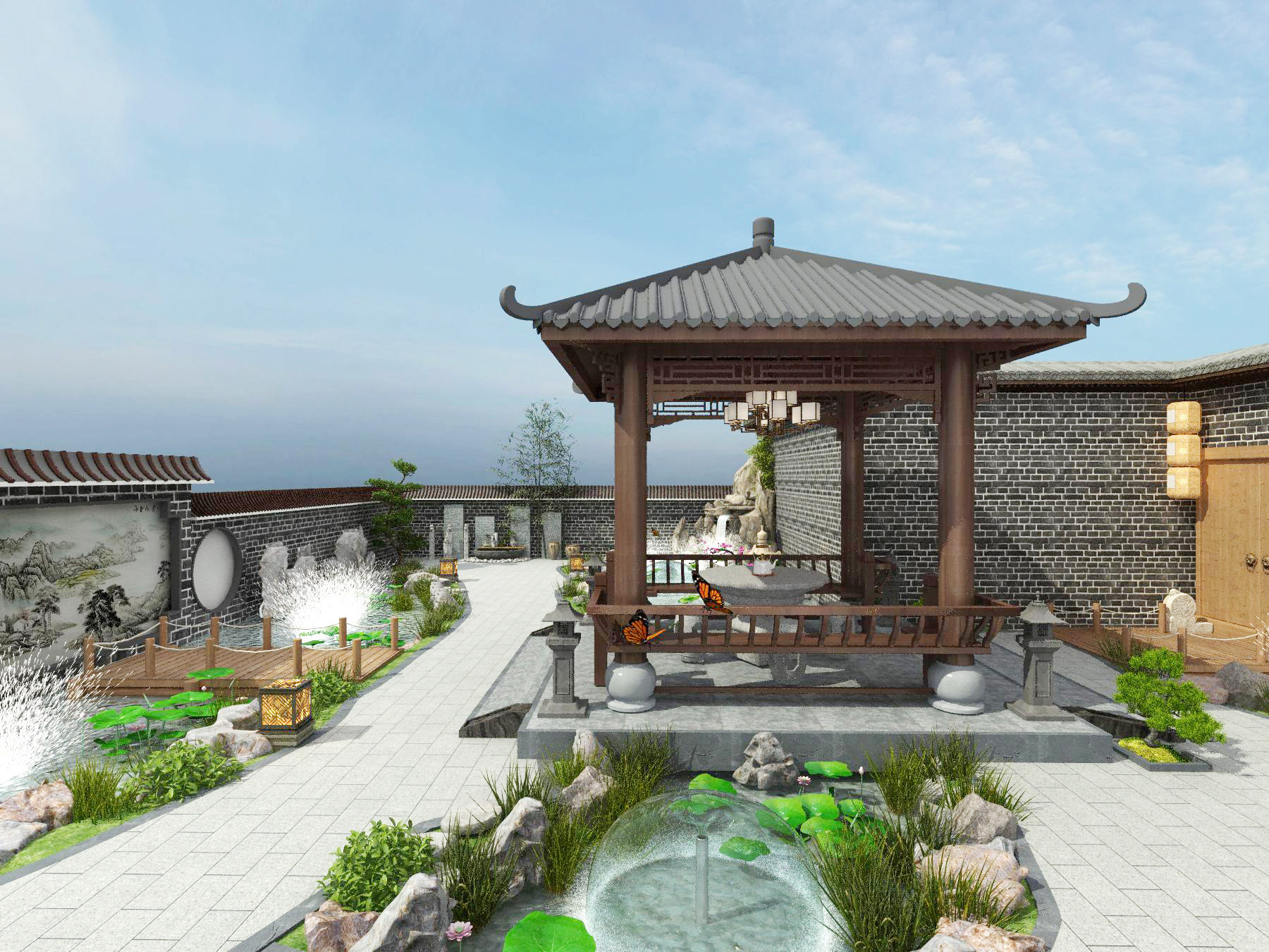 中式庭院景观,凉亭,假山,花草树木,喷泉水系,灯，花园，水池，小木桥3d模型下载
