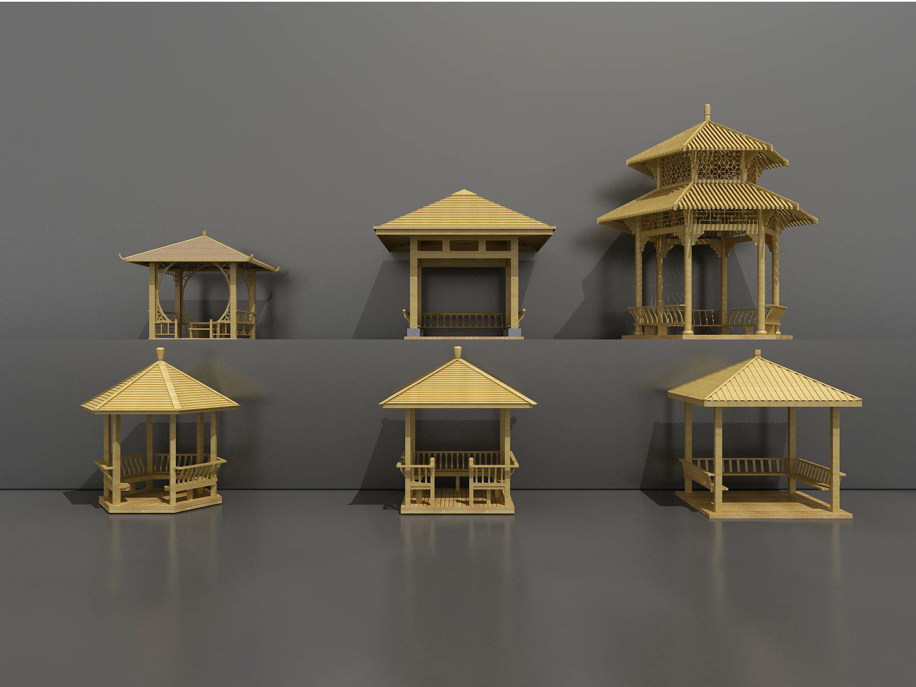 中式木质，实木，凉亭3d模型下载