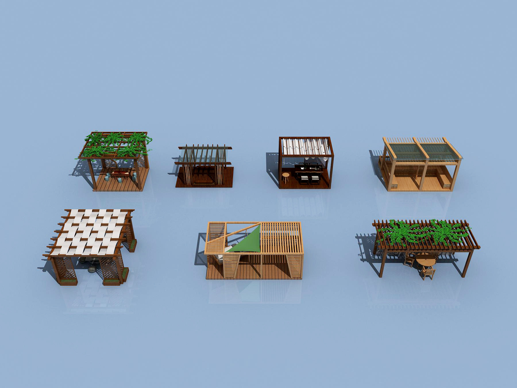 现代新中式凉亭,廊架,休闲桌椅,茶桌吊床，秋千，凉亭遮阳亭，3d模型下载