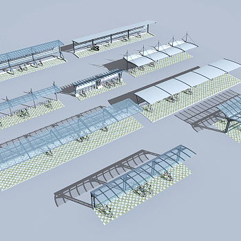 现代钢架玻璃自行车雨棚，遮阳棚3d模型下载