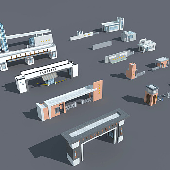 现代新中式小区厂房入口大门 3d模型下载
