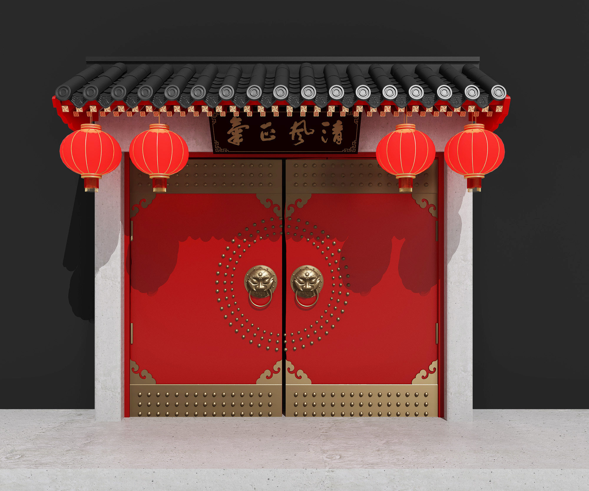 中式古建门头，红漆，寺庙大门， 3d模型下载