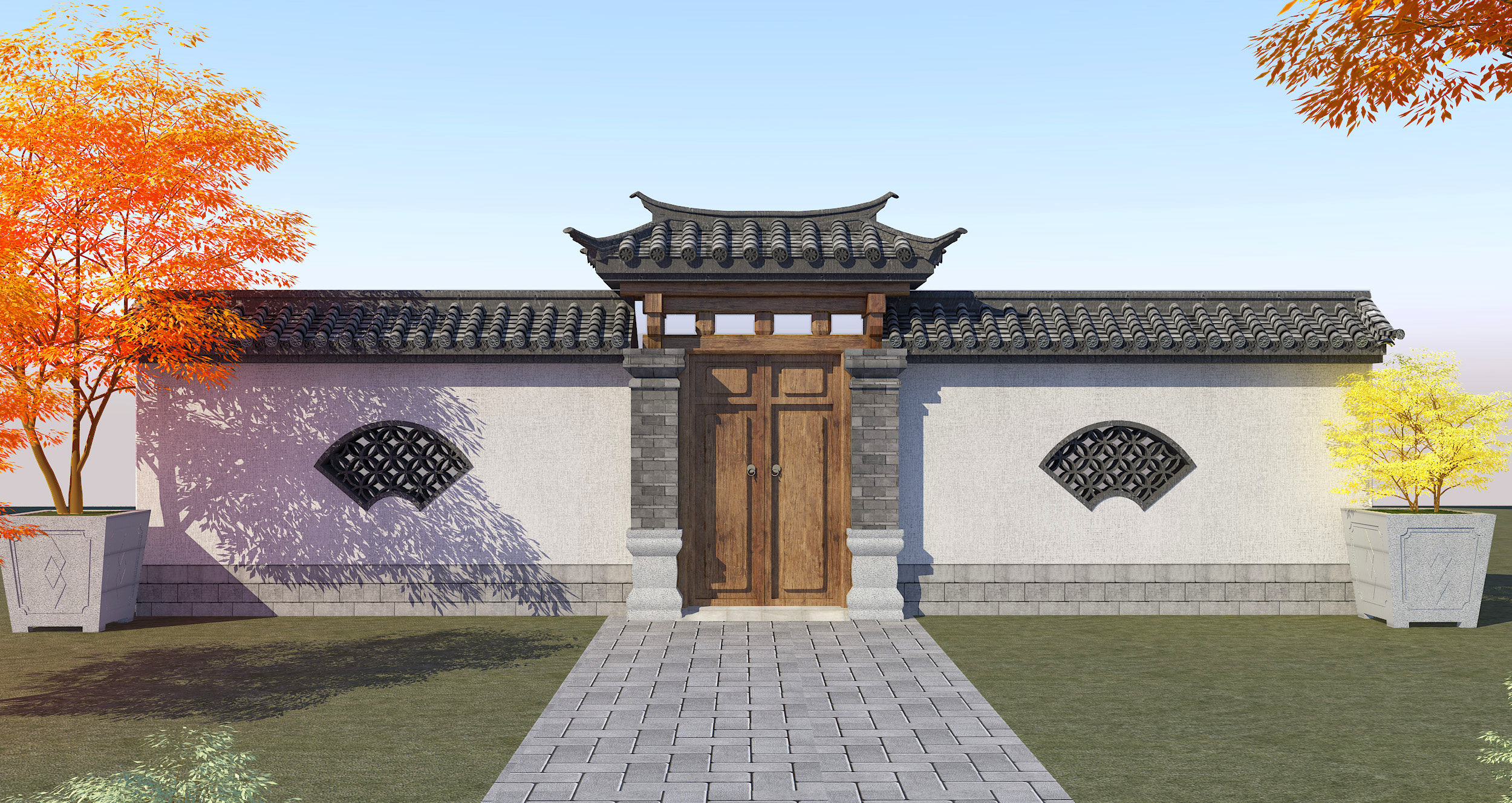 中式大门，门头，围墙院墙，树，3d模型下载