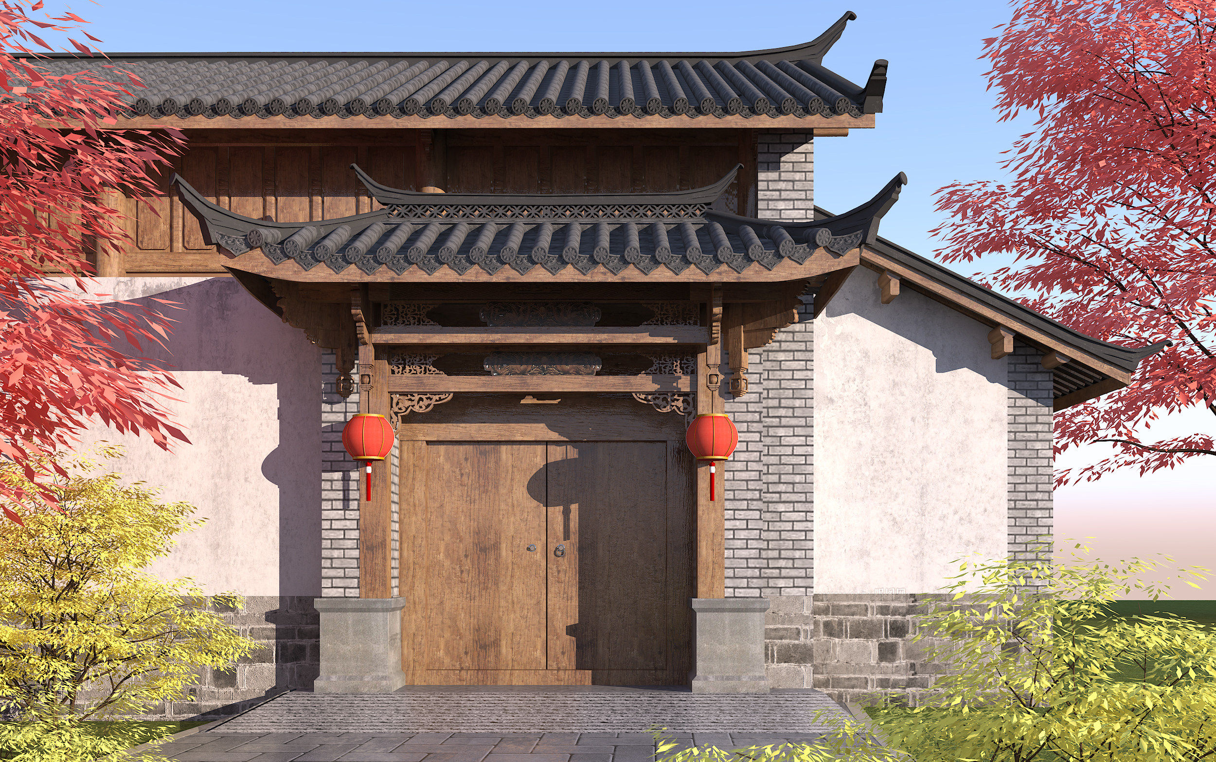中式古建入口大门 3d模型下载