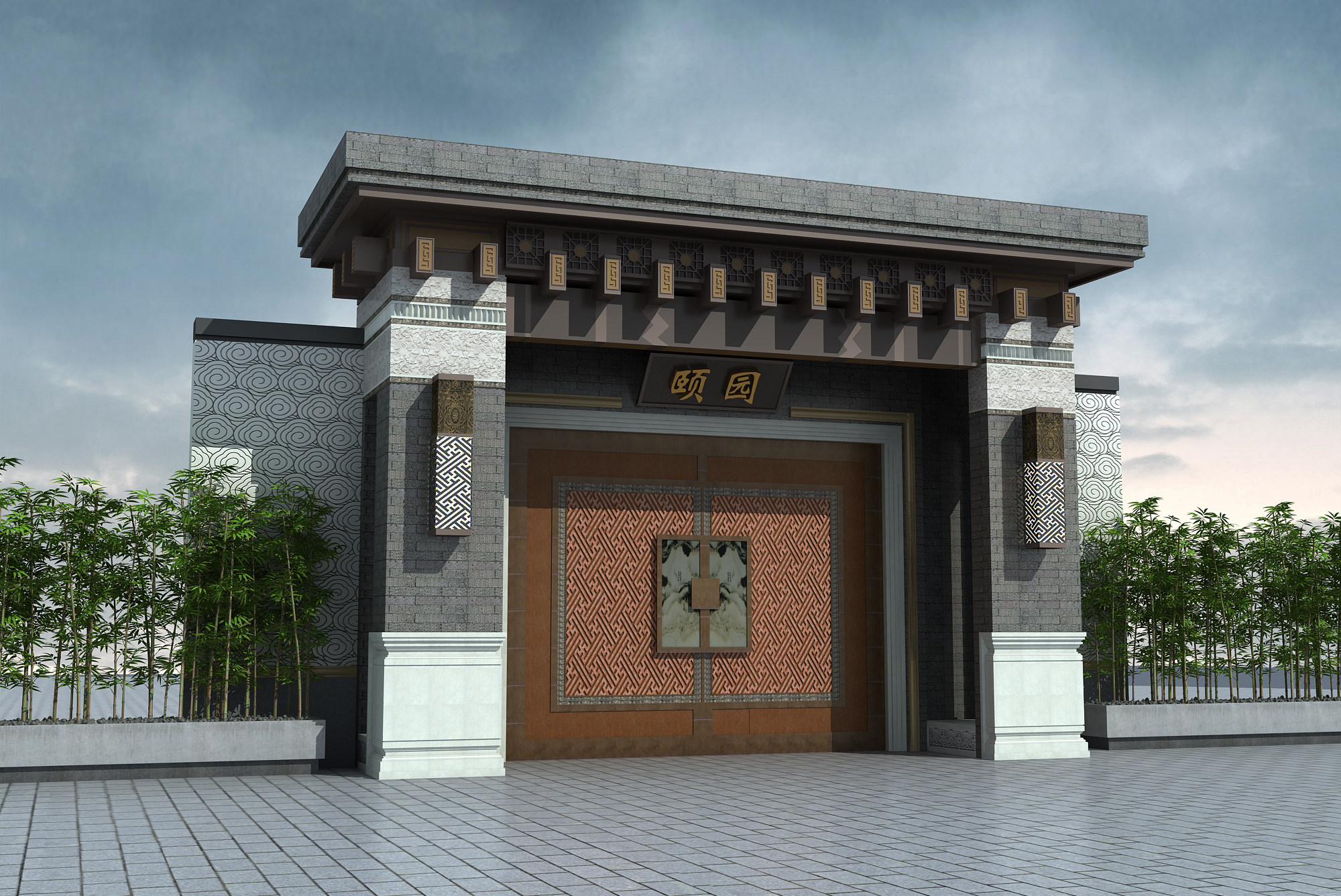 新中式古典入户入口大门 3d模型下载