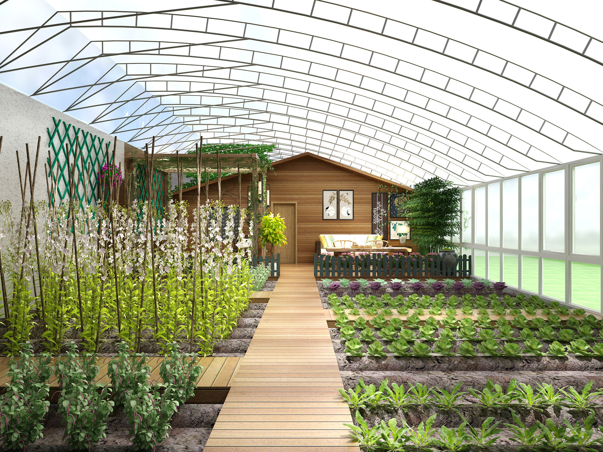 新中式温室大棚，蔬菜大棚菜地菜园子3d模型下载