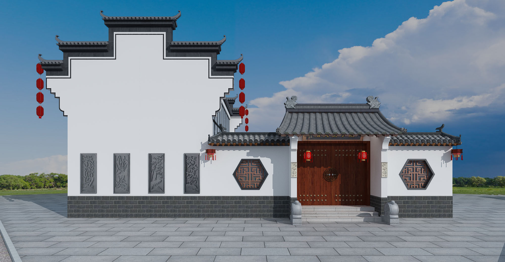 中式徽派建筑古建门头大门， 3d模型下载