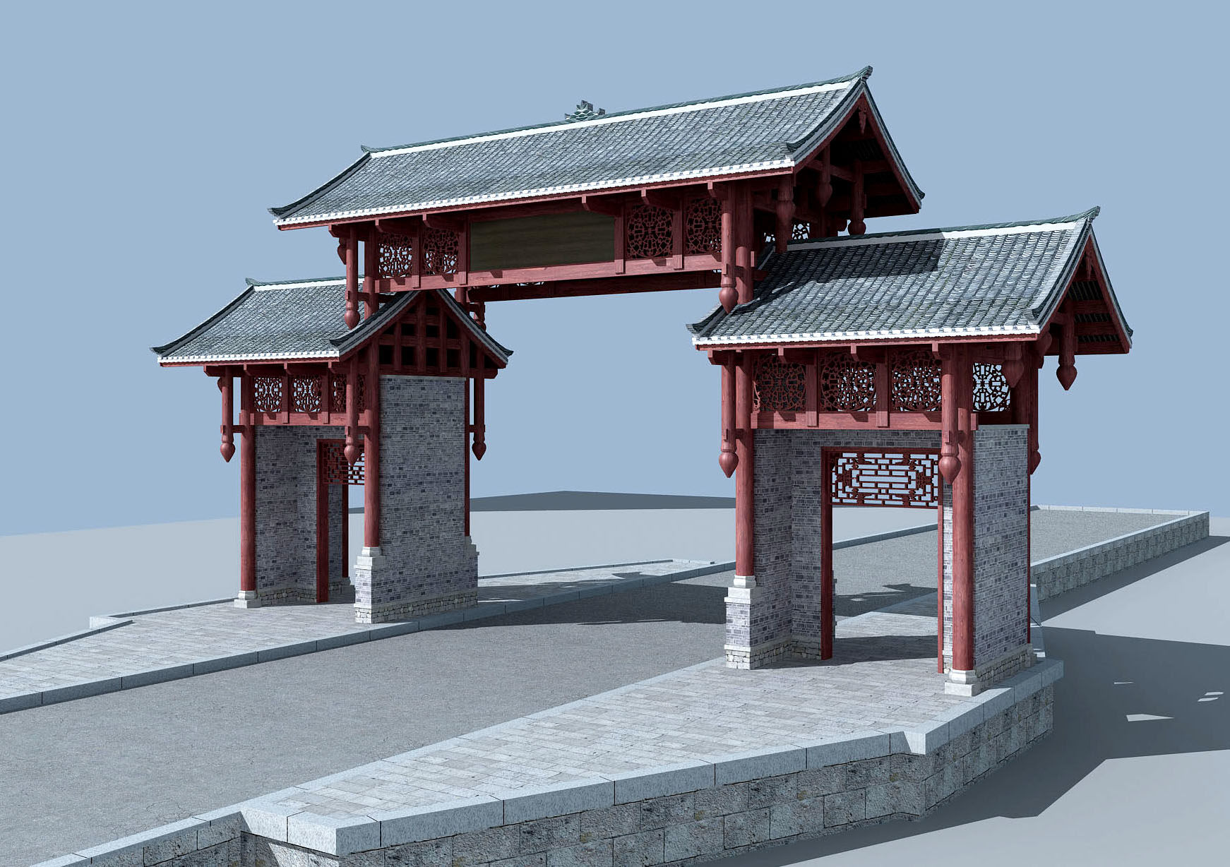 中式古建筑 大门门楼， 3d模型下载