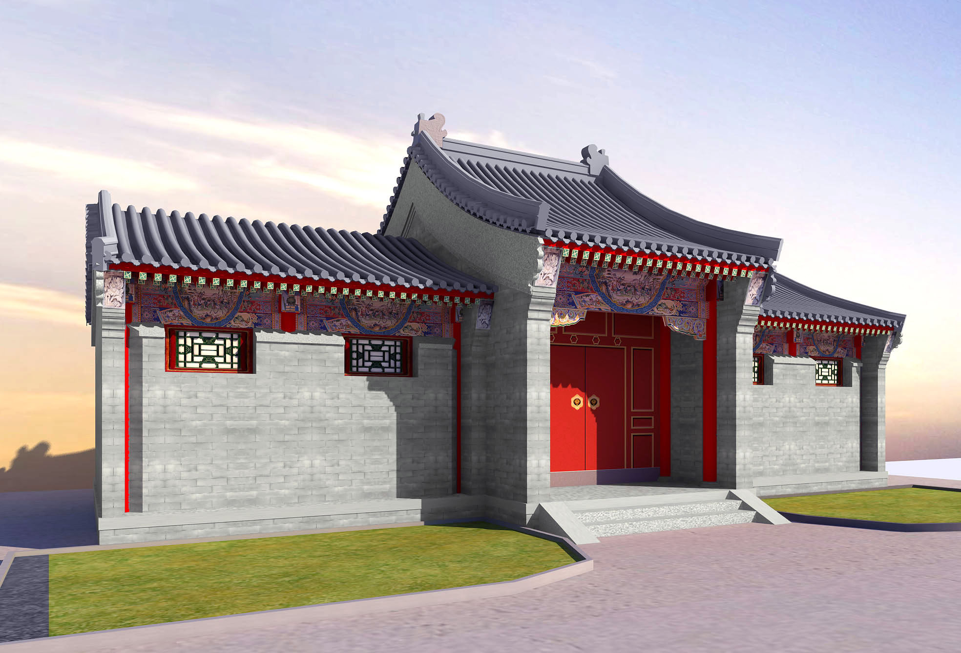 中式古建筑入口大门， 3d模型下载