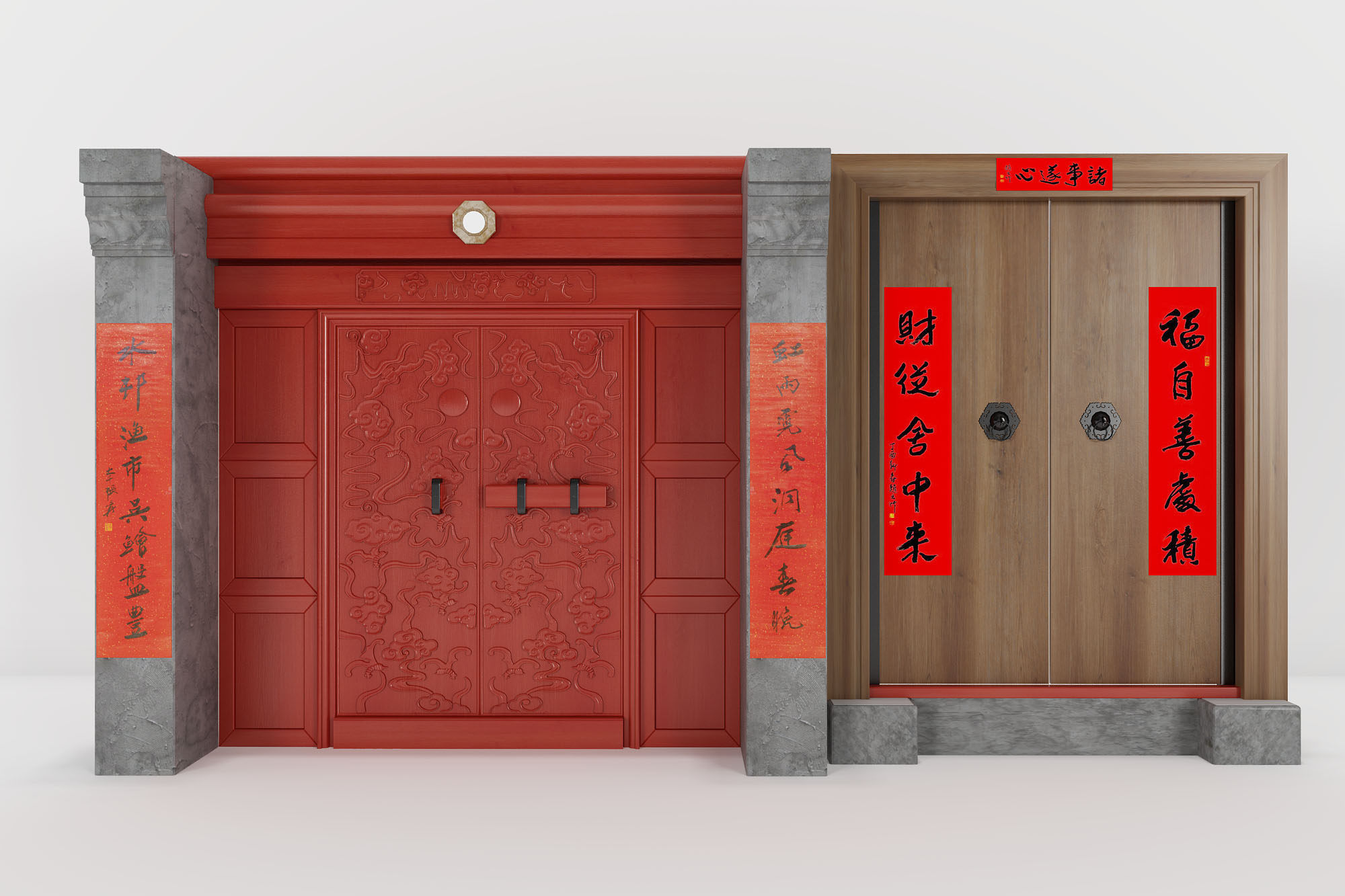 中式古典祥云云纹浮雕入口大门， 3d模型下载