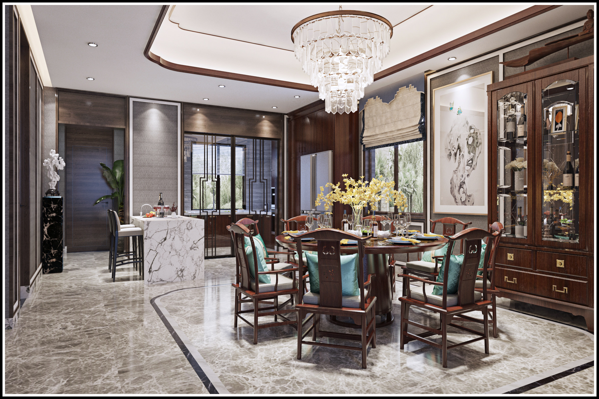 新中式古典家具餐厅，清明家具，佛像酒柜3d模型下载