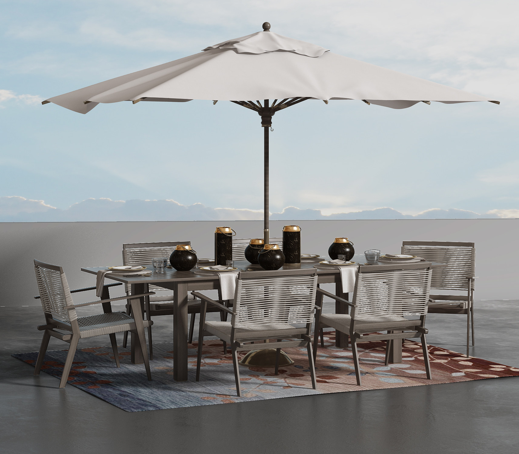 户外藤编编织餐桌椅，遮阳伞户外家具3d模型下载
