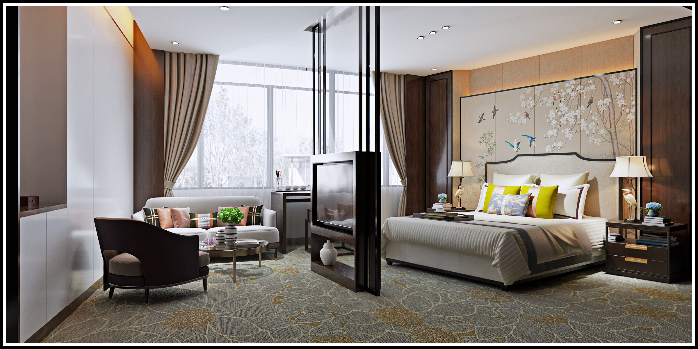 新中式酒店客房，新中式，卧室，总统套，客房大床房3d模型下载